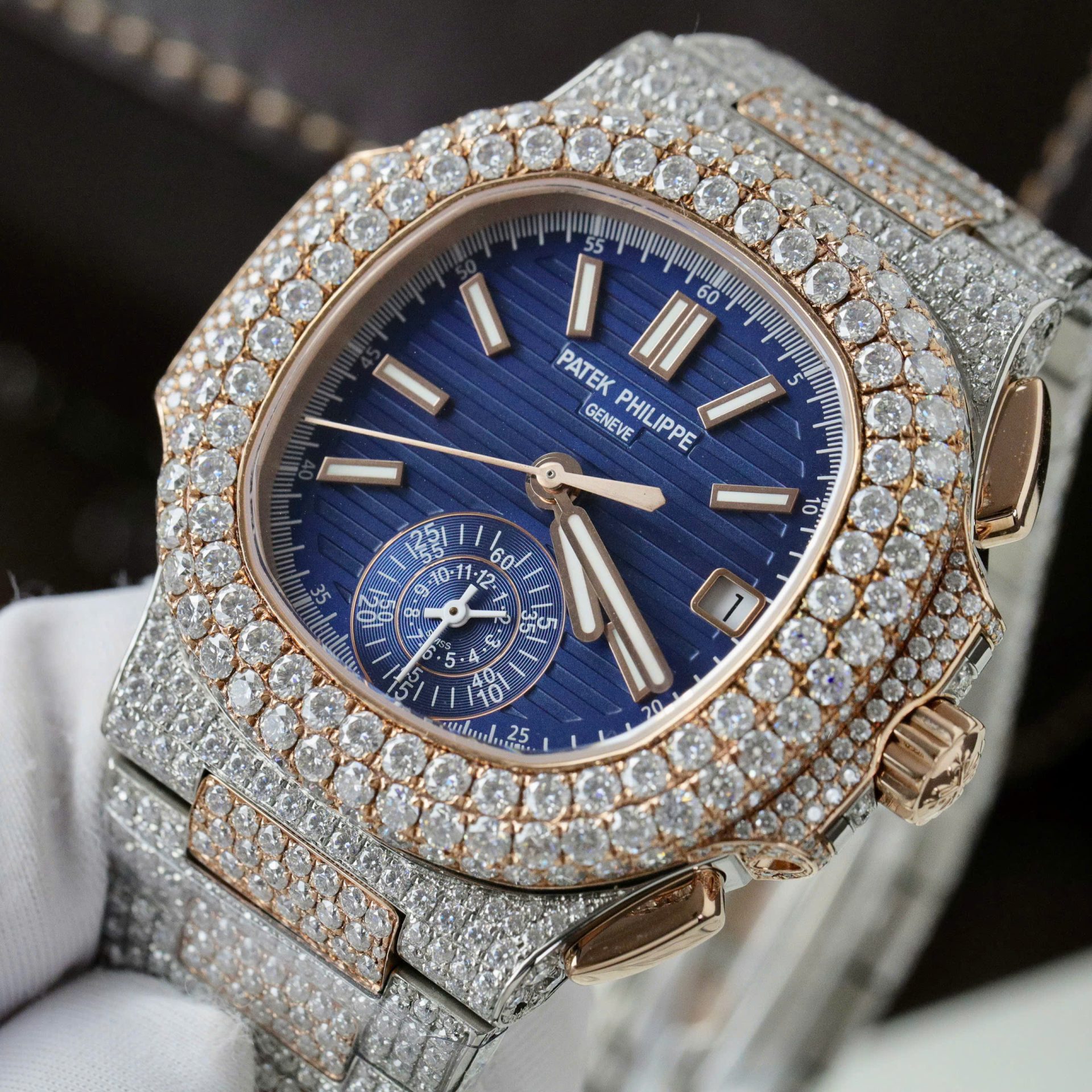 Patek Philippe Nautilus 5980 Replica Watch 18K Gold Wrapped + Diamonds Moissanite Custom 40.5mm - Top club