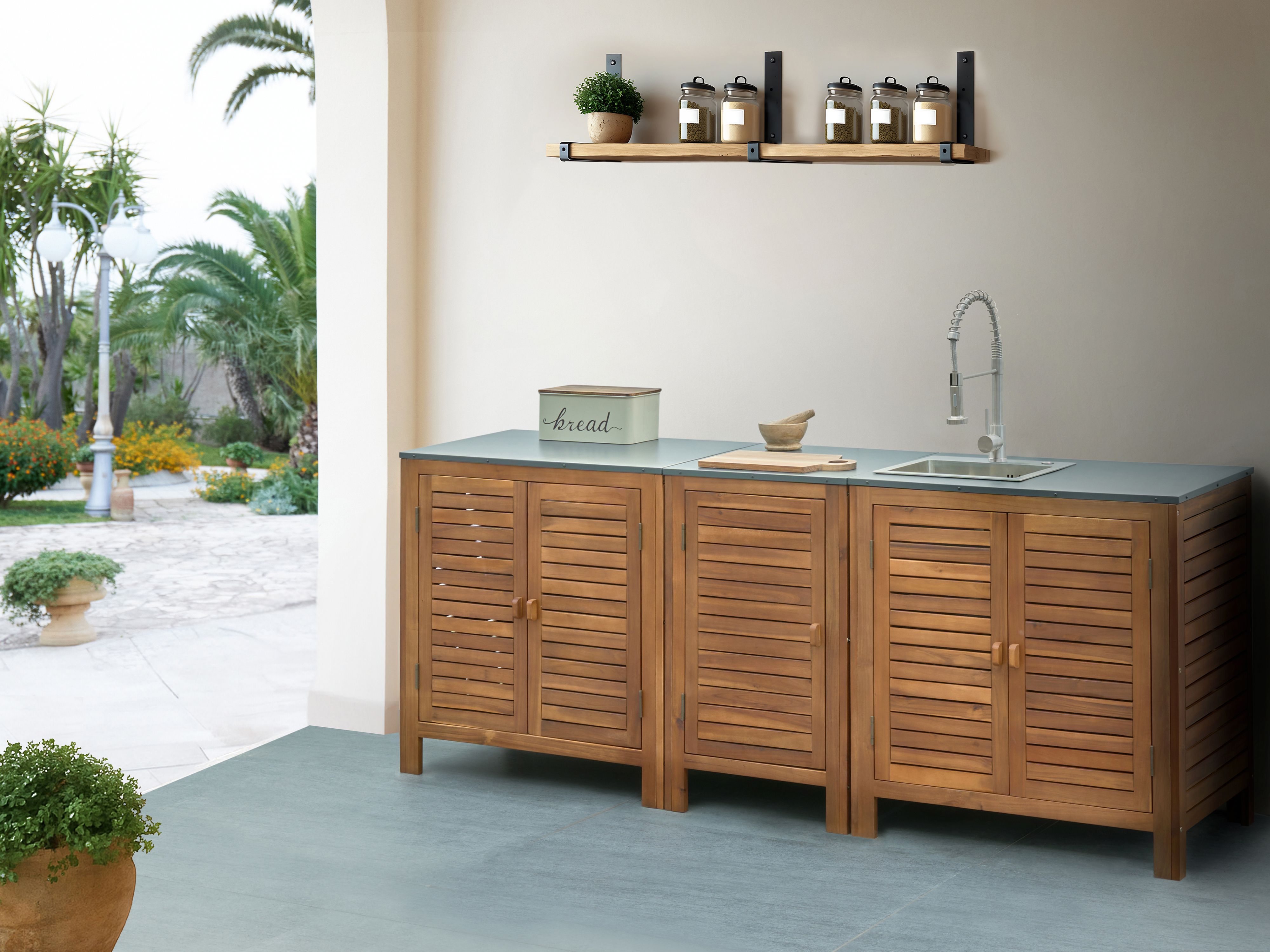3 Piece Outdoor Kitchen Set with Sink BRUCOLI Acacia Wood Brown/ Silver