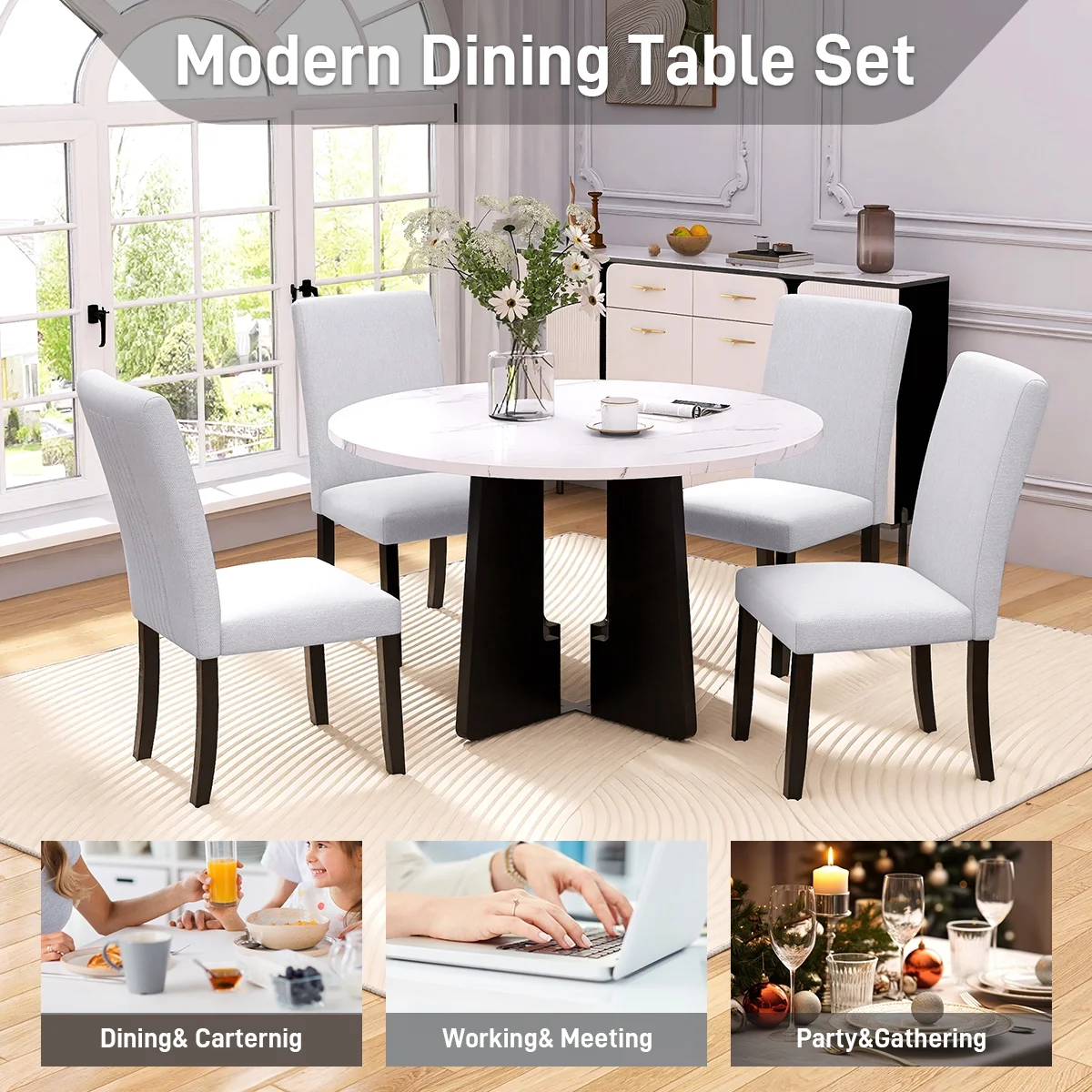 EUROCO 5-Piece Round Dining Table Set for 4, 43.3'' Kitchen Room Table with 4 Upholstered Chairs and Solid Wood Frame,Kitchen Table Set for Home Living Dining Room, Grey & Black - Image 14