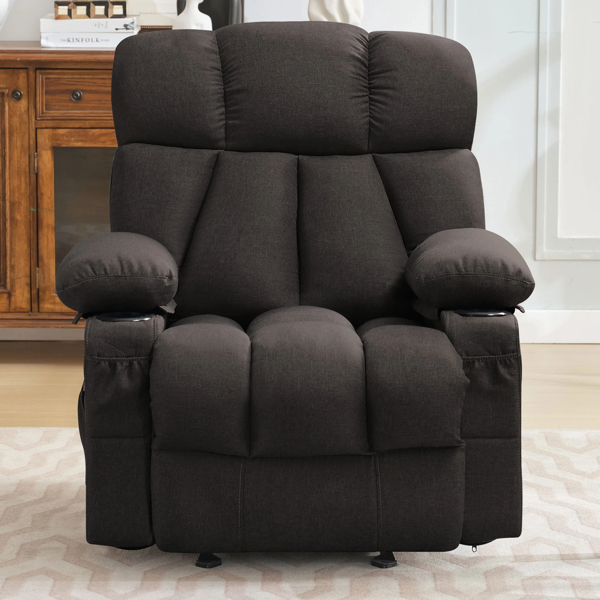 JONPONY Manual Recliner Chair with Heat Therapy and Massage Function, Heavy Duty Reclining Mechanism Massage Chair, Elderly Single Rocker Sofa with Cup Holders for Bedroom Home Theater,Grey - Image 94
