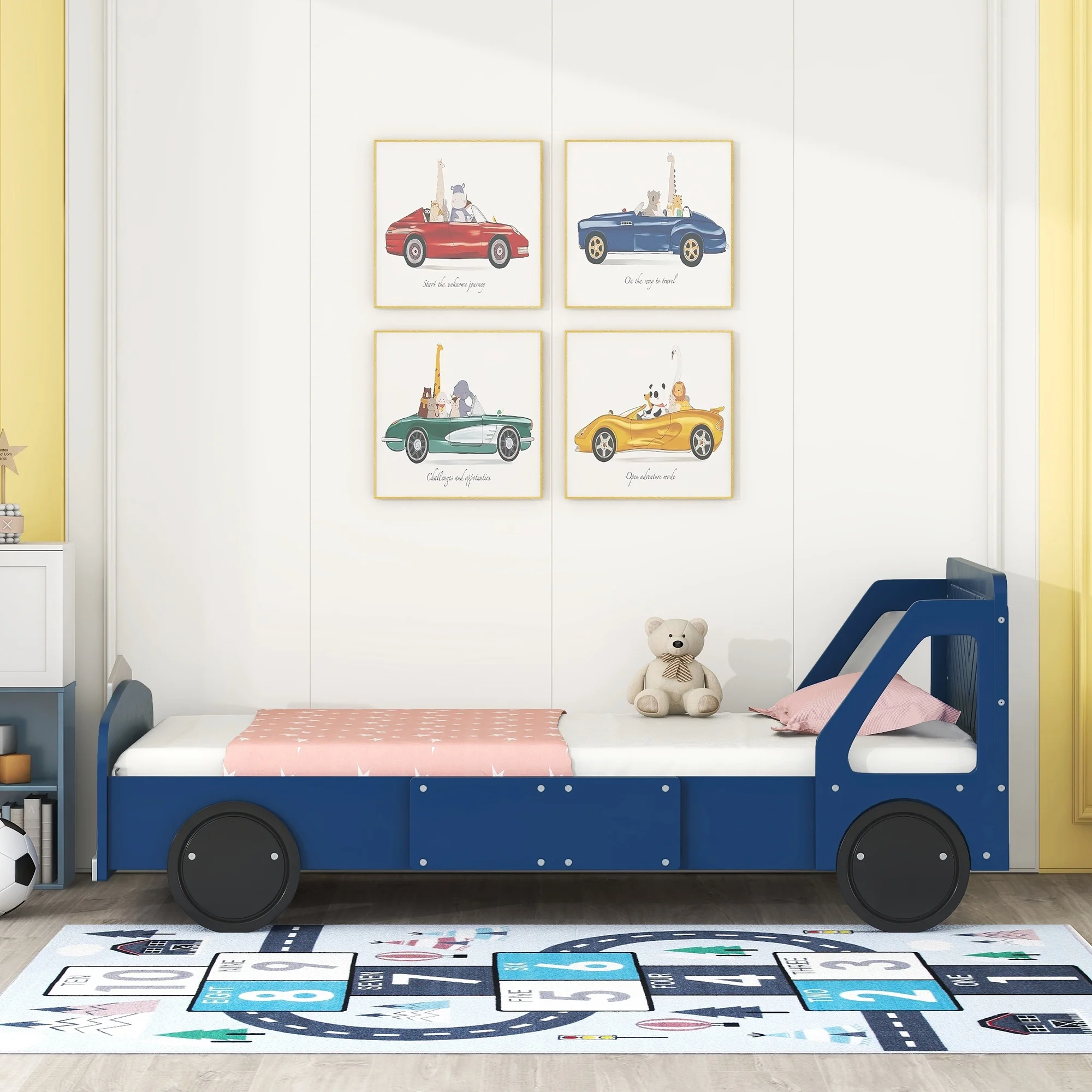 Holaki Wood Twin Size Bed with Wheels for Kids, Car-Shaped Design, Blue