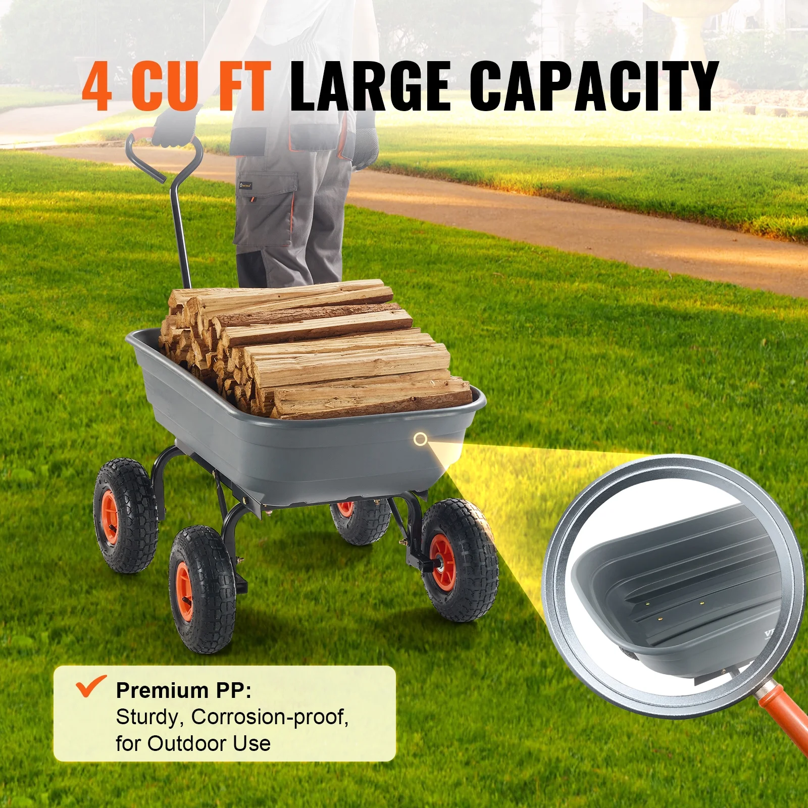 KFFKFF Garden Dump Cart, 35.8x19.5x8.2 in Dump Truck Cart, Max. 600lbs Load Capacity, 10in Rubber Tire, 180�� Adjustable Handle - Image 2