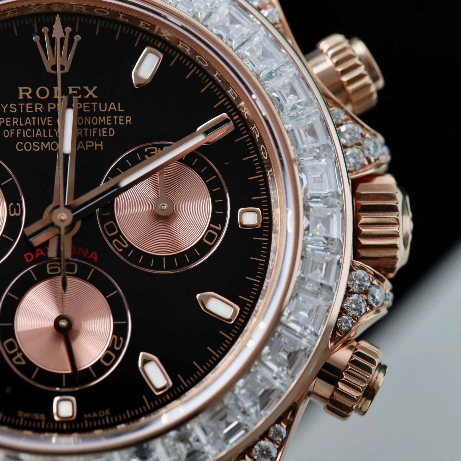 Rolex Daytona Dial Black Copies Watches Gold Wrapped + Diamonds Moissanite Baguette 40mm - Elite Watch Atelier