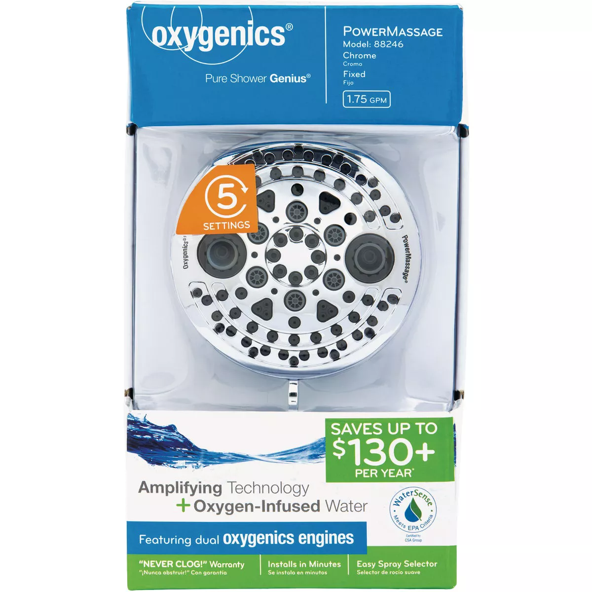 Oxygenics PowerMassage 5-Spray 1.75 GPM Fixed Shower Head, Chrome