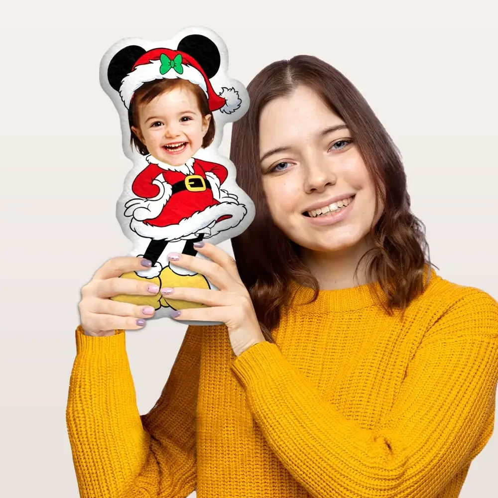 Square customized photo pillow printed with a high-quality photo of a woman holding a festive plush toy, suitable for home decor