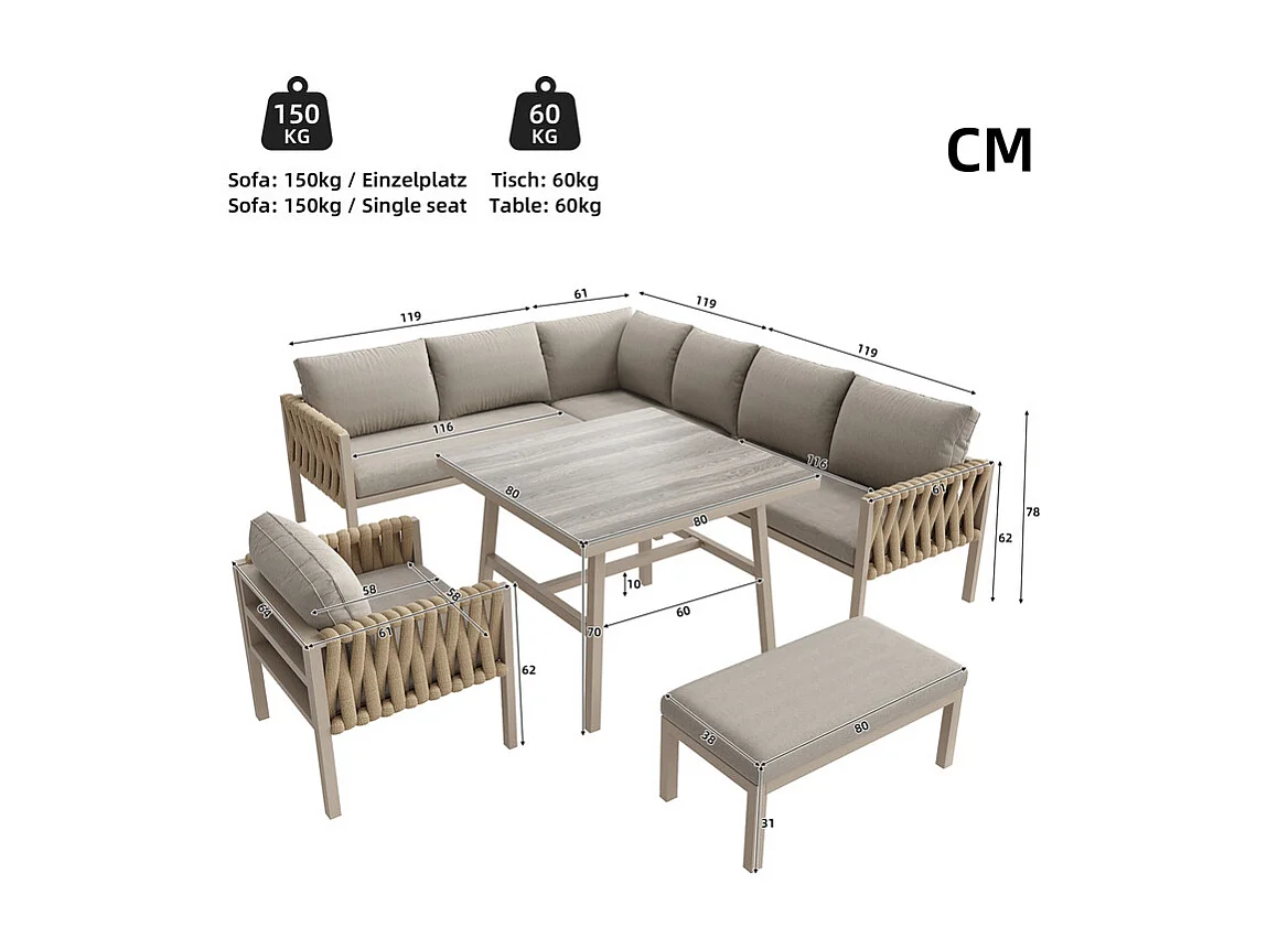 Salon de jardin 8 places en métal: canapé d'angle modulable, 1 fauteuil, 1 tabouret et table basse - Beige