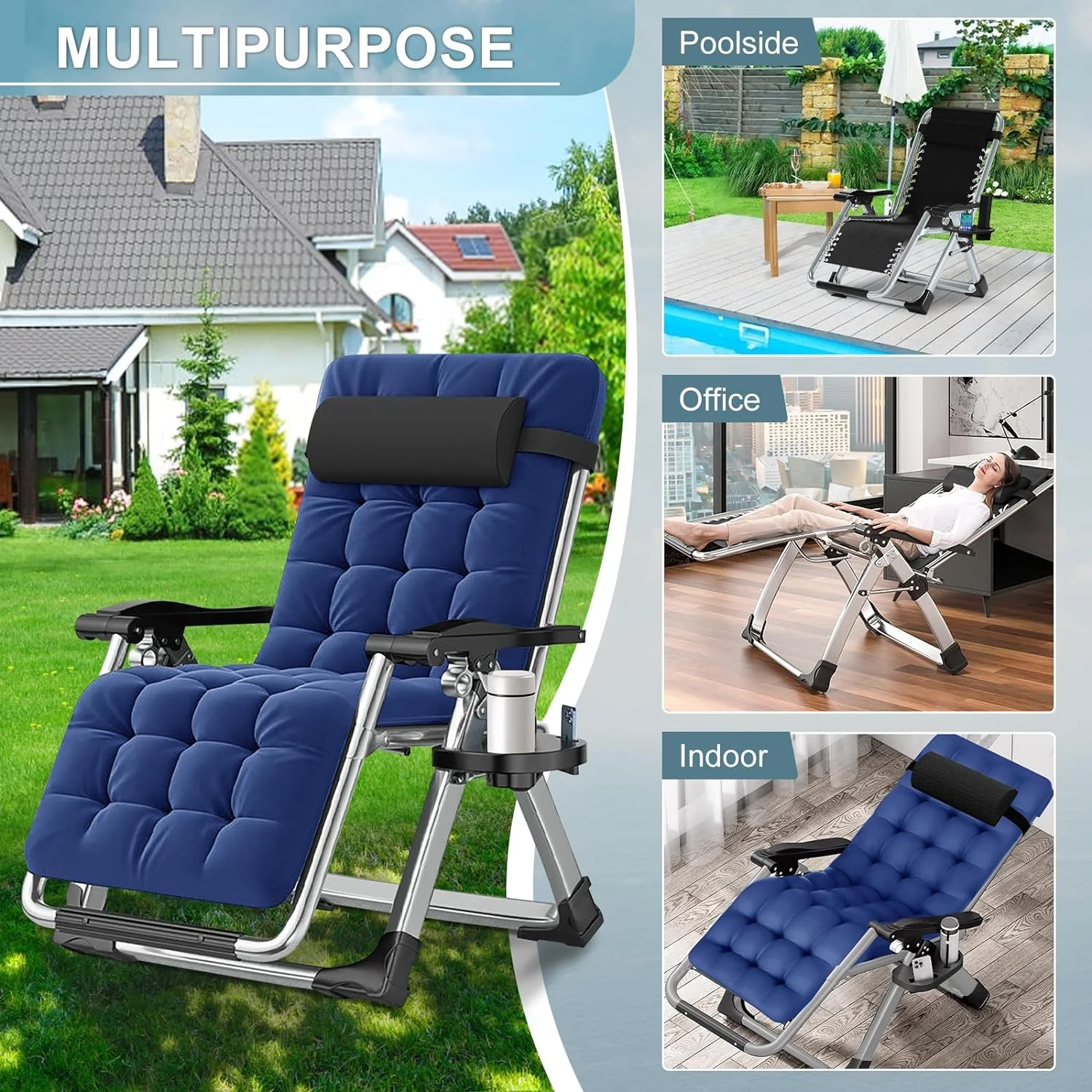 NAIZEA 2 Pack Zero Gravity Chair, Foldable Portable Lawn Recliner with Cushion, Headrest, Cup Holder, Black - Image 20