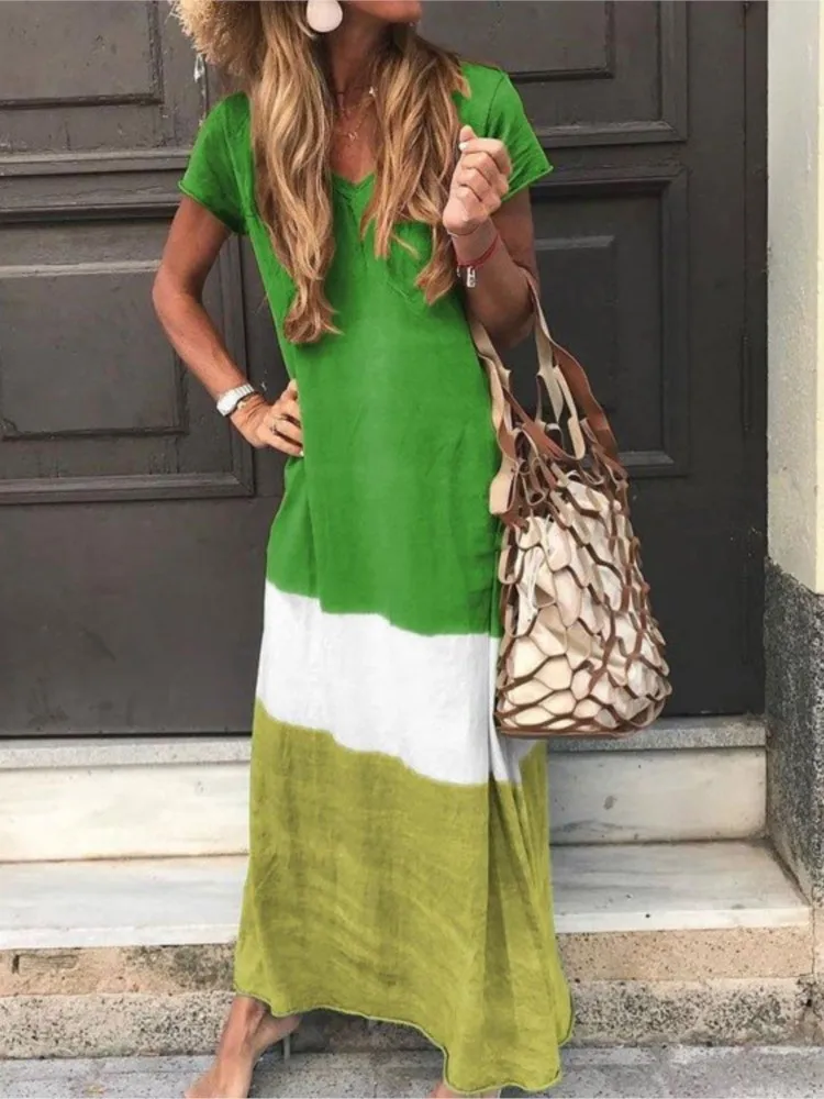 Casual Loose Contrasting Colors Long Dresses Women Fashion Summer V-neck Short Sleeves Maxi Dress Female Commuting Vestidos New - AZJHJ