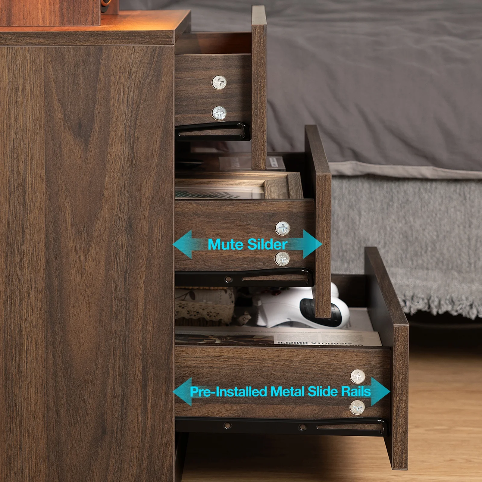 Hommpa LED Nightstand Wireless Charging Station USB Type C Outlets Bedside Table 3 Drawers Black Night Table Modern Smart Nightstand High Gloss End Side Table for Bedroom Furniture 26.8" Tall - Image 23