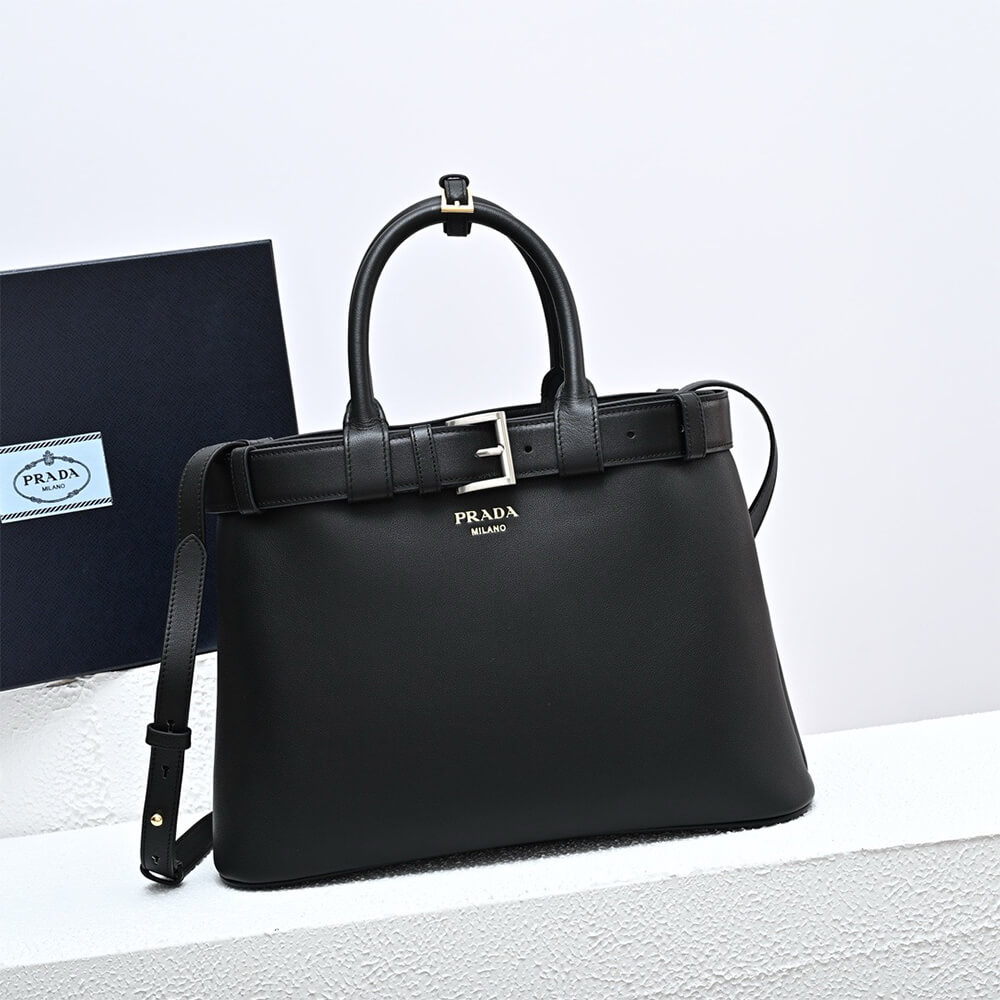 Prada Buckle medium leather handbag with double belt(high-end grade)1:1High-quality replica