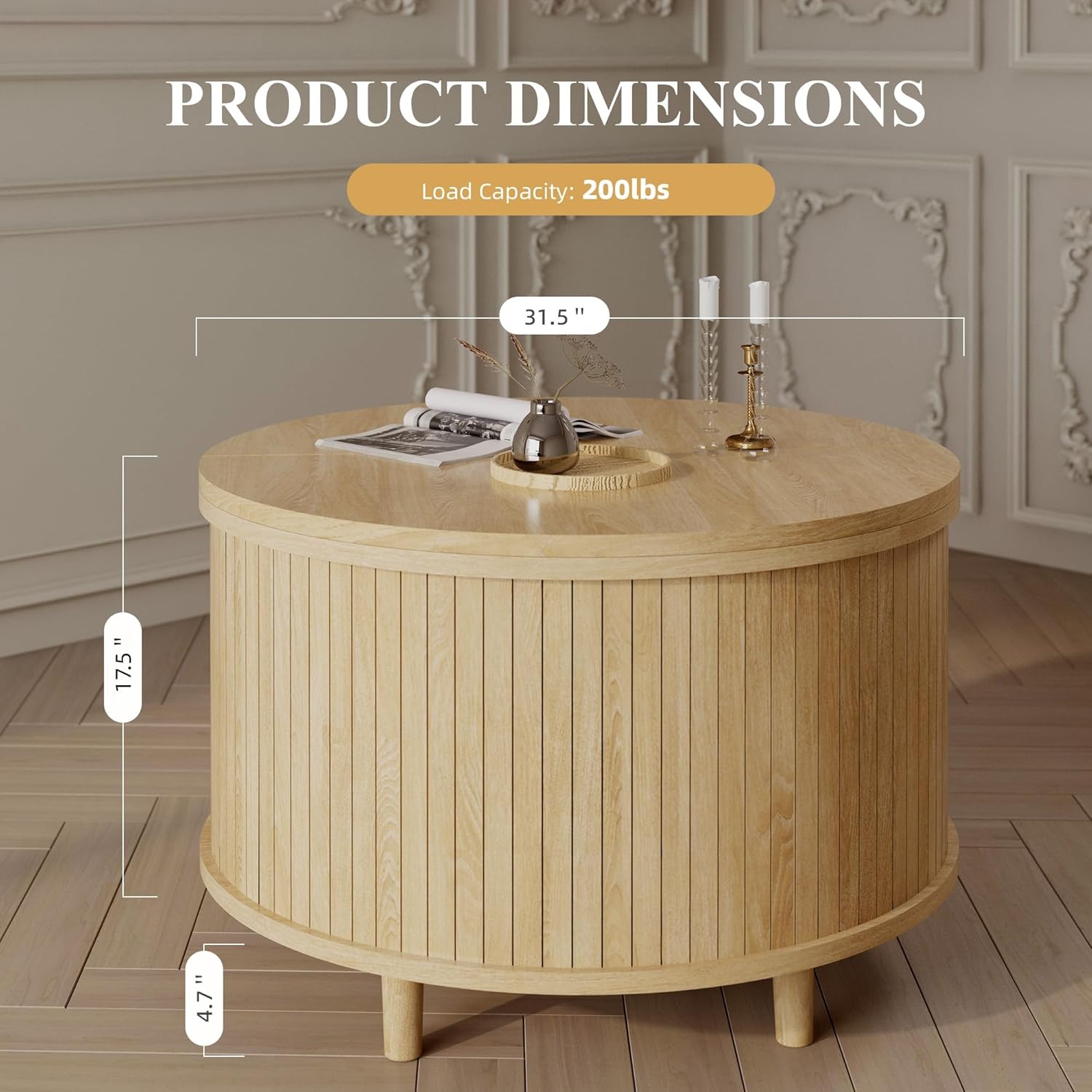Easyego Fluted Round Coffee Table with Hidden Storage, 31.5