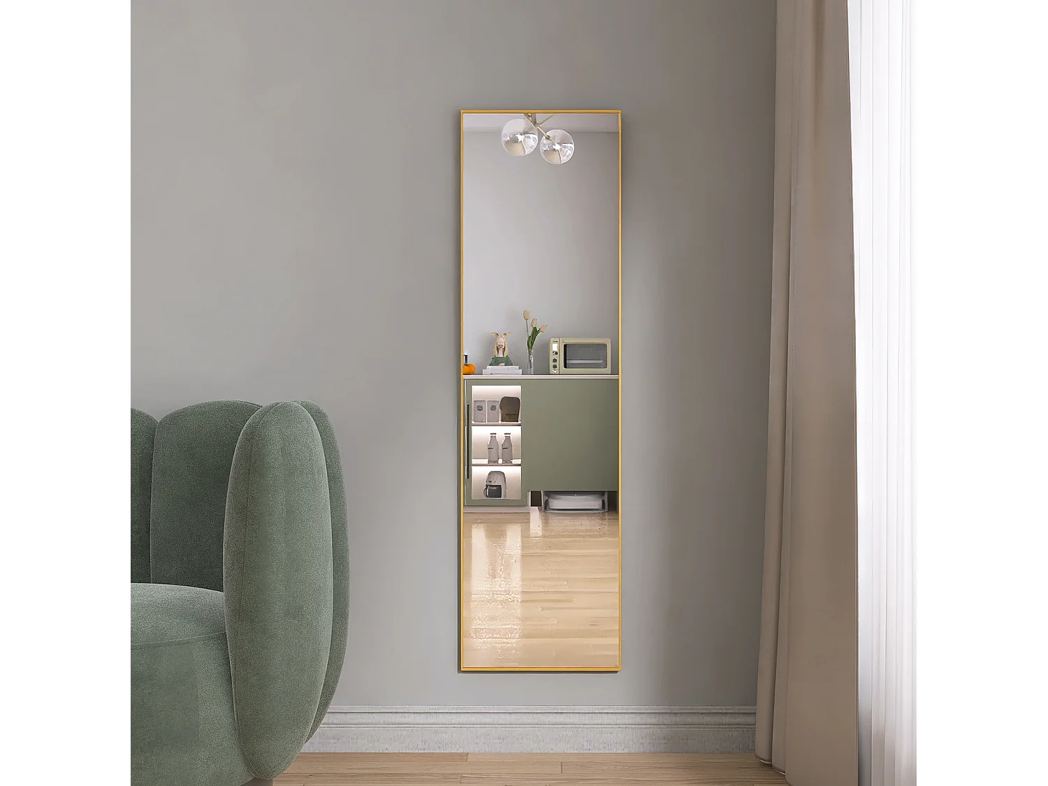 Miroir suspendu mural - 140x40cm Miroir pleine longueur - Rectangle avec cadre en métal - Or