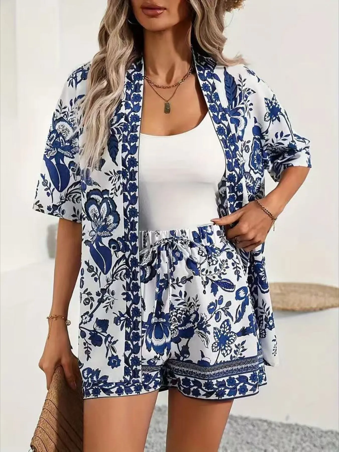 Printed Open Front Cardigan and Shorts Set - ZKZOOK