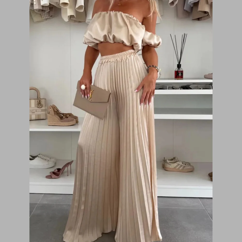 Off-Shoulder Top and Pleated Pants Set - ZKZOOK