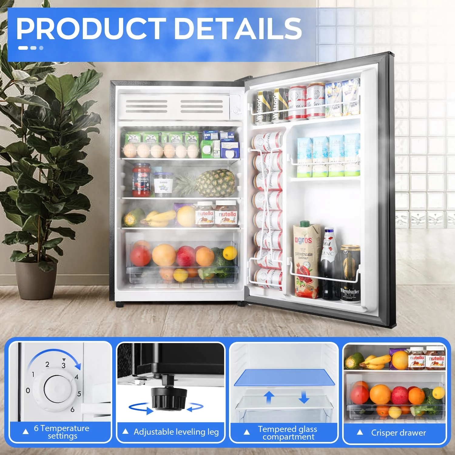 Upstreman 4.5 Cu. Ft. Compact Refrigerator with Freezer, Single Door Mini Fridge Small Refrigerator, 3 Removable Glass Shelves, Adjustable Thermostat, Black FR45