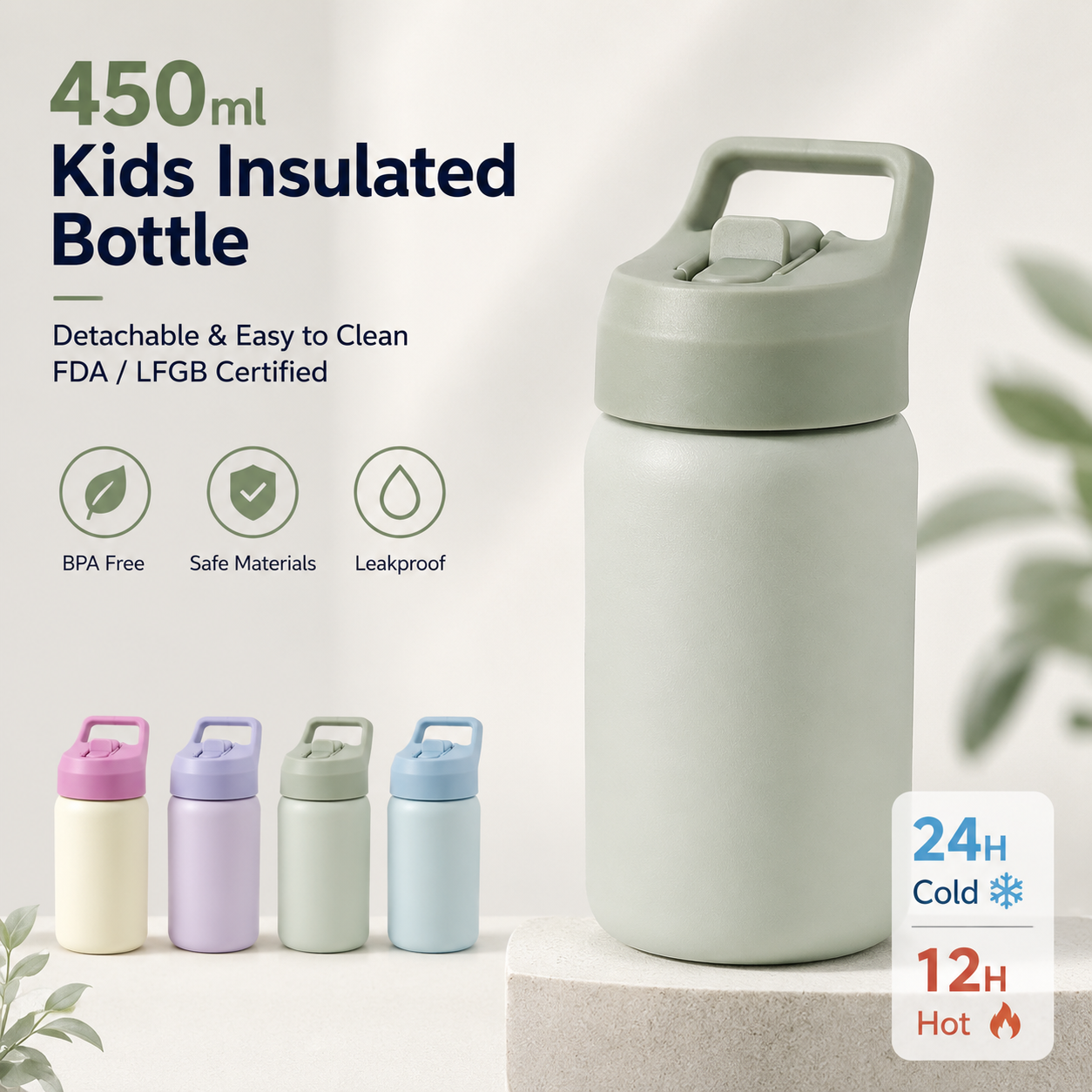 15oz Creative and Cute 450ml Portable Stainless Steel Vacuum Drink Bottle for School Travel and Camping with Lids