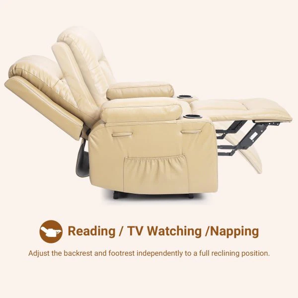 PU Leather Power Lift Recliner Chair With Massage and Heat, Adjustable Furniture for Back, Legs w/ 3 Positions, Usb Port, Side Pocket (Beige, 27 Seat Width+Cup Holders) - Image 4