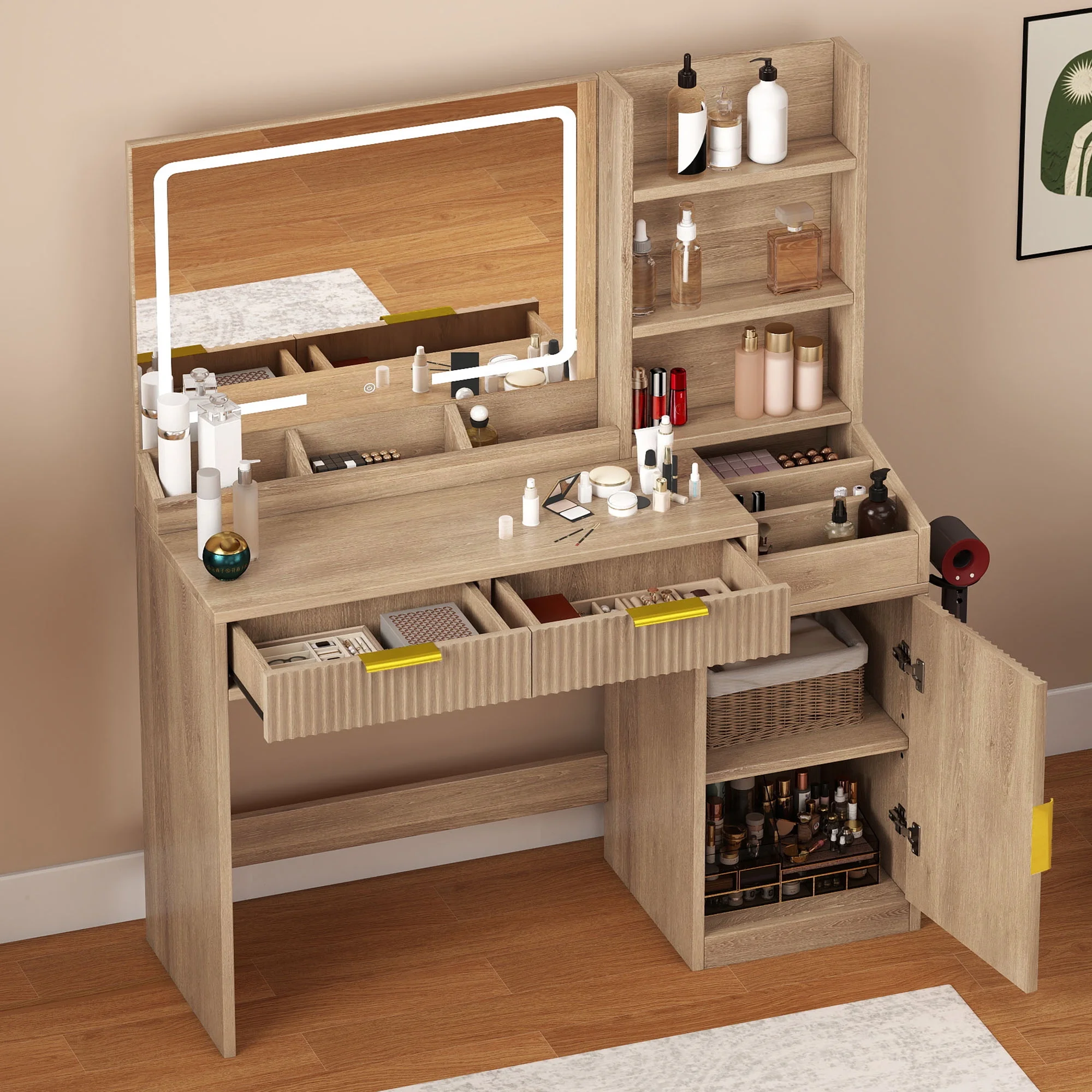 Uforic Vanity Desk with Mirror and LED Lights, Makeup Vanity Table with 2 Drawers & 11 Shelves, Makeup Table with Power Outlet for Bedroom Dressing Room,Oak