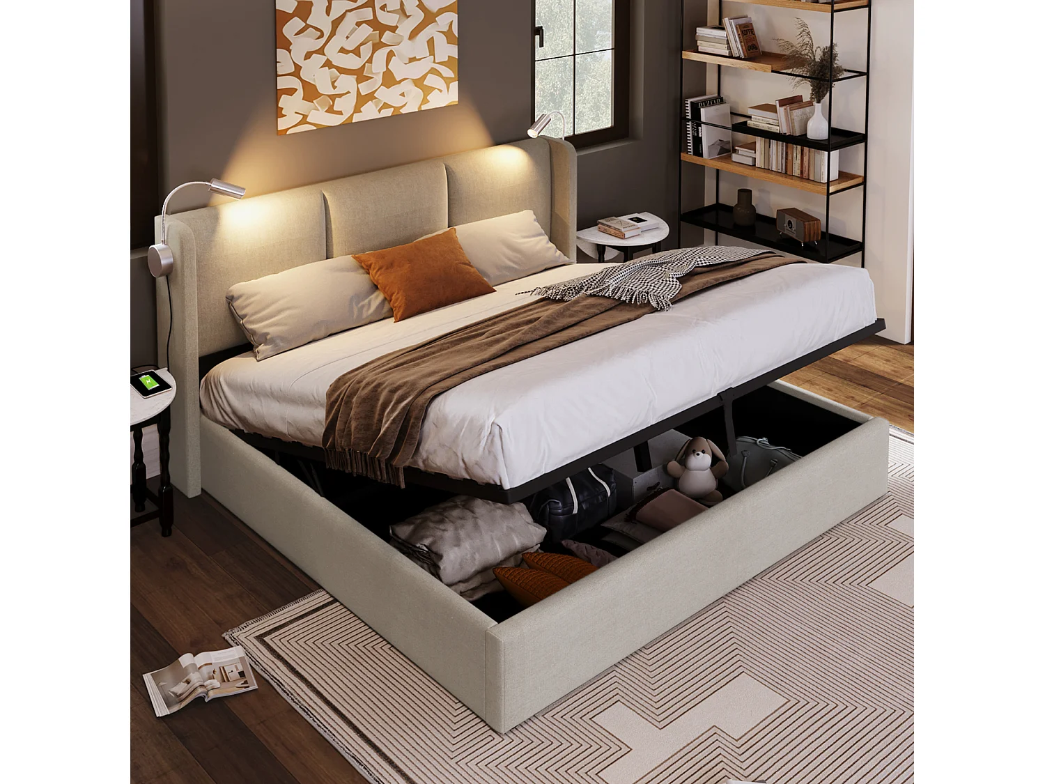 Lit 160×200 cm avec LED, USB et rangement – Sommier à lattes, lin gris, lit double