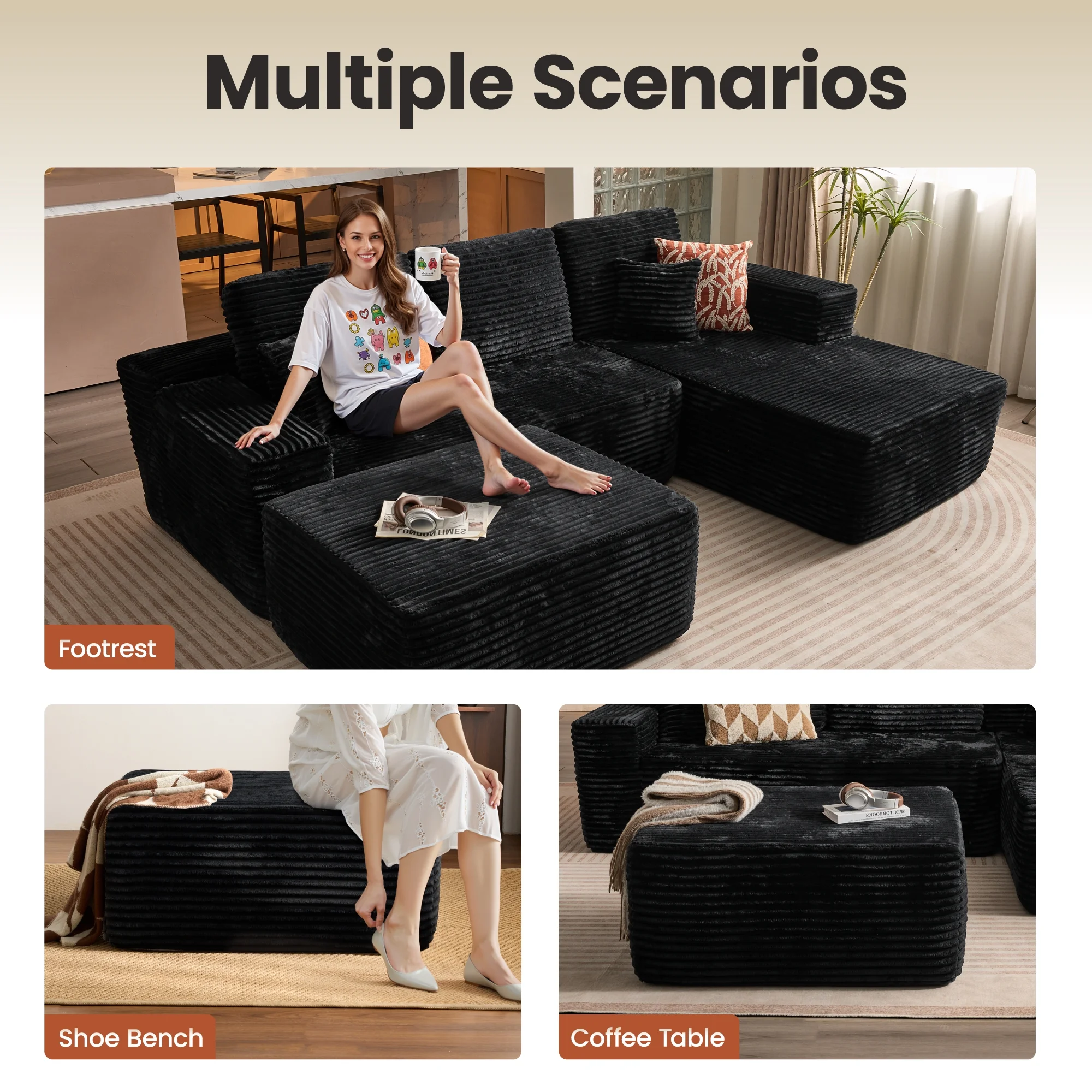 Ovios 106" L-Shaped Sectional Sofa Modern Modular Cloud Couch with Deep Seating Upholstered Sofa for Living Room Bedroom, No Assembly Required, Black(Corduroy) - Image 60