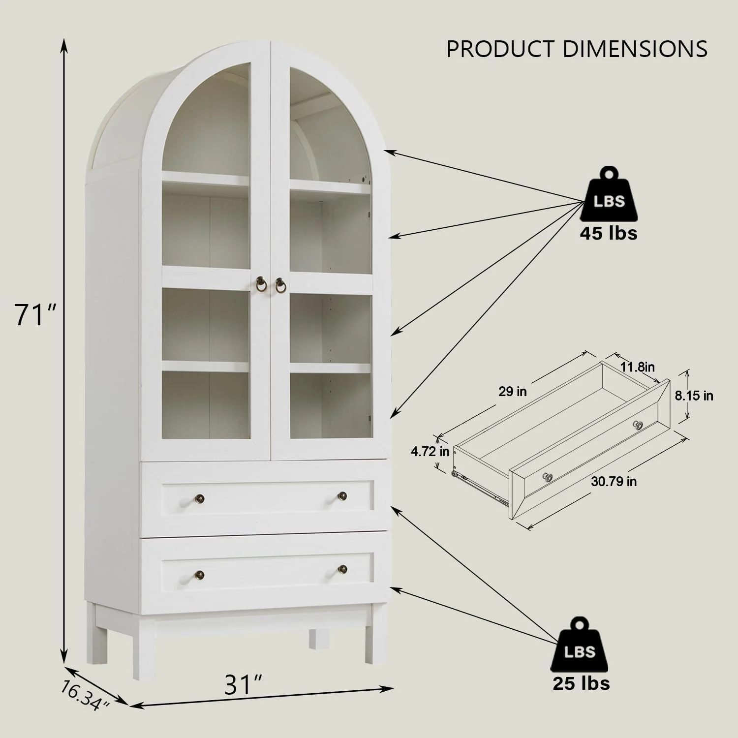 IFGET 71-Inch Arched 4-Tier Bookcase with Glass Doors and Drawers - Image 2