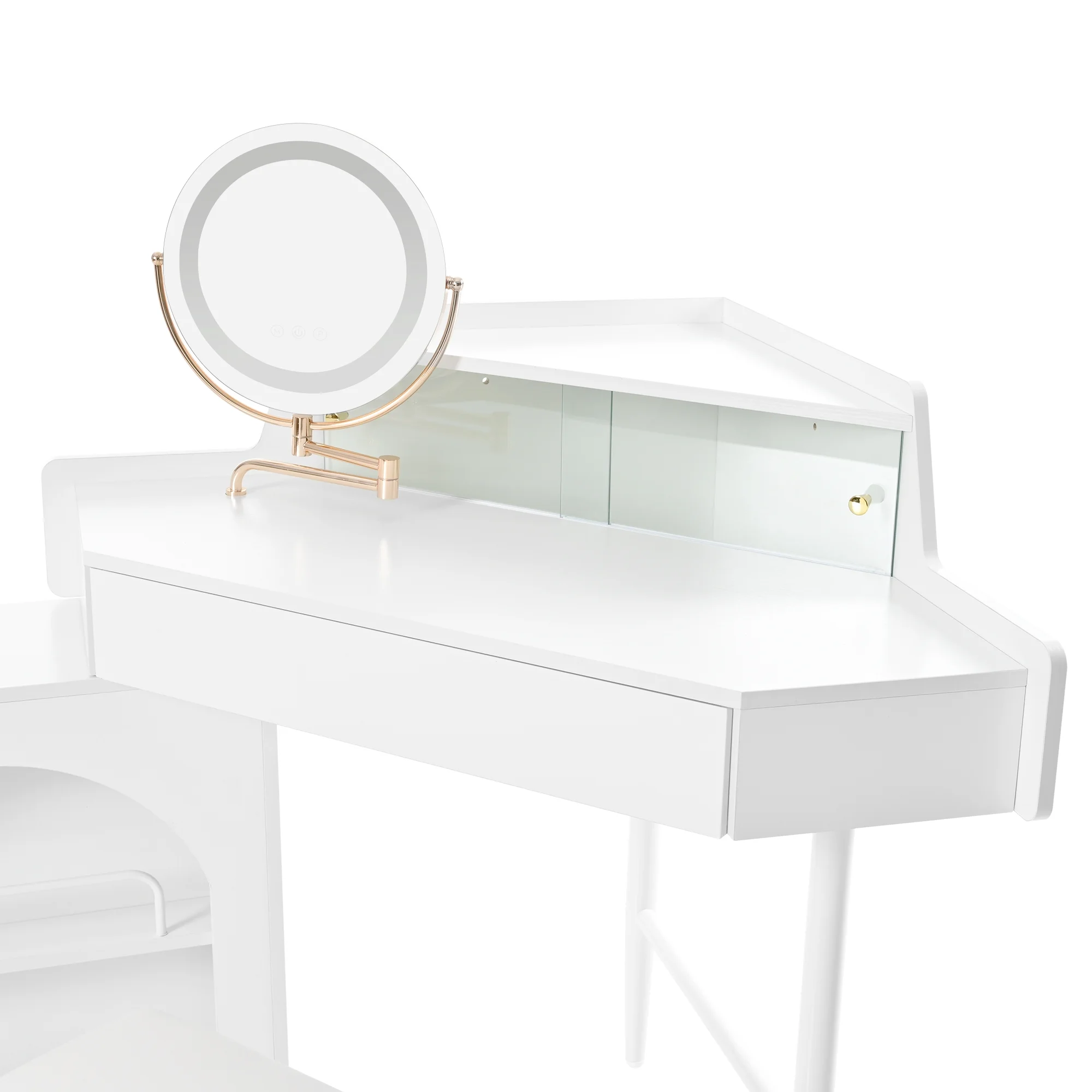 MODERNLUXE Corner Makeup Vanity Desk with Folding Mirror and Lights,Modern Vanity Set with 1 Stool,2 Drawers and 3 Shelves for Bedroom,Women, and Girls,Walnut - Image 16