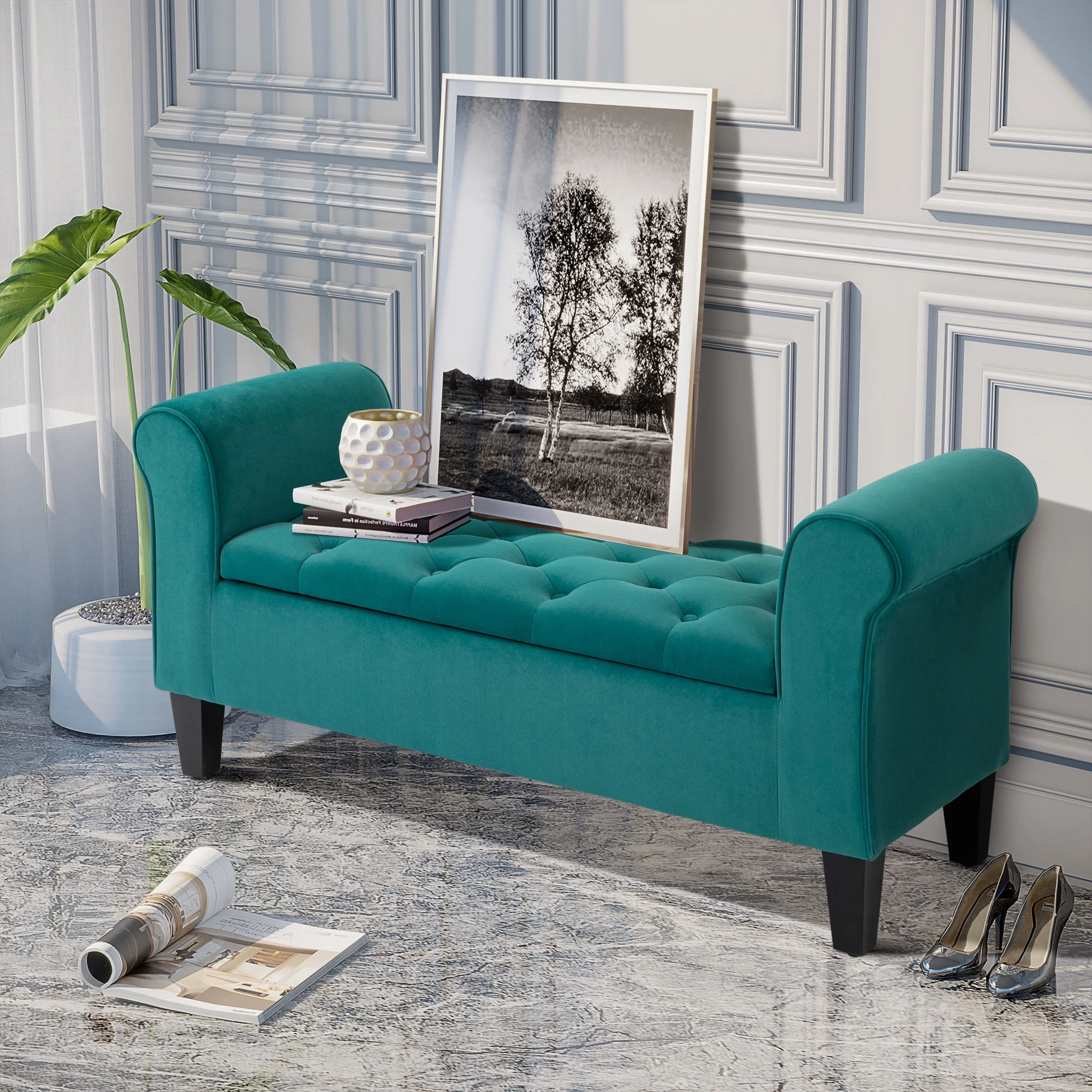 HOMCOM Button-Tufted Storage Ottoman Bench, Upholstered Bench with Rolled Armrests for Living Room or Hallway, Blue - Image 12