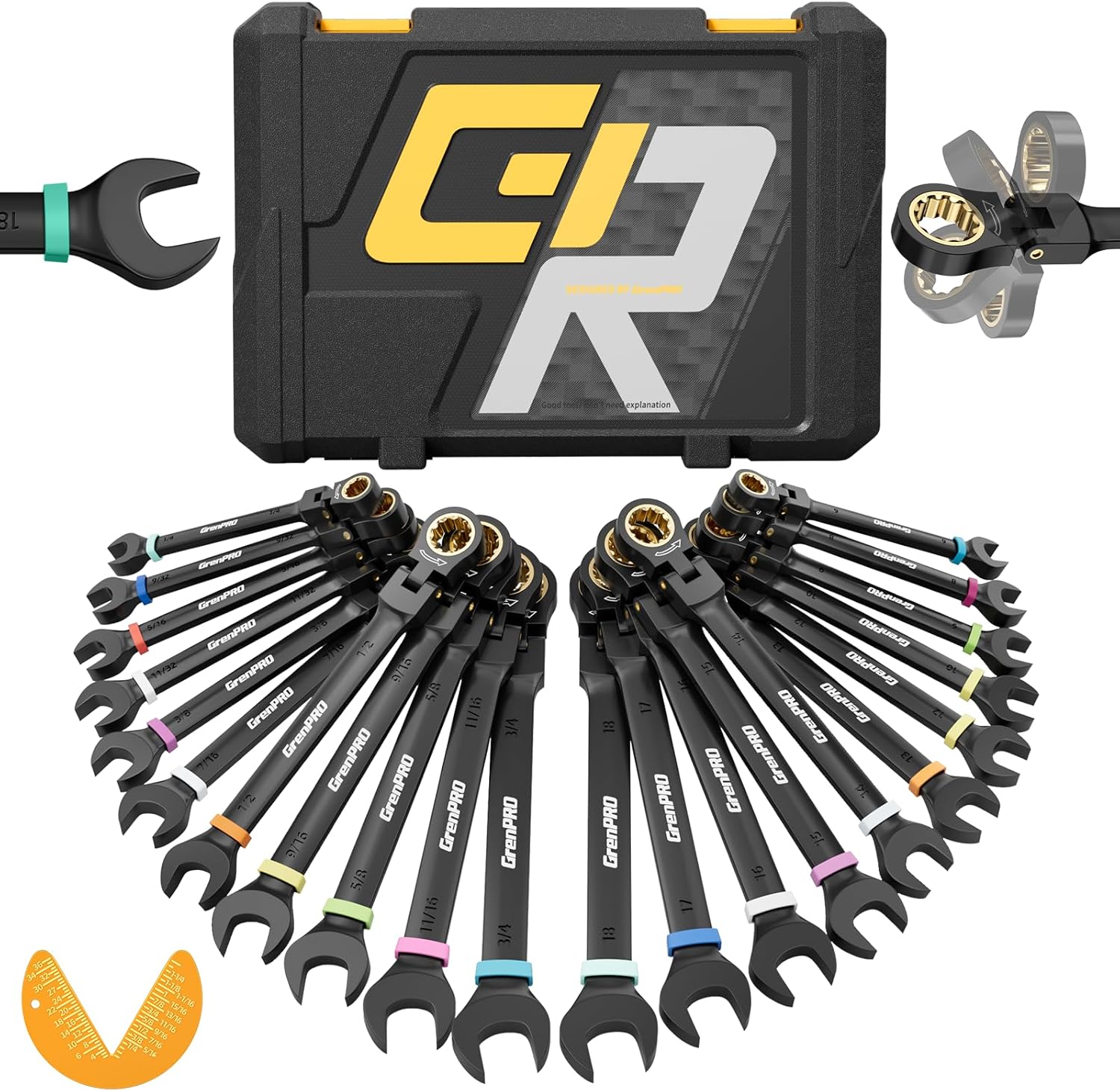 GRENPRO Ratchet Wrenches Set, 23PCS Flex Head Ratcheting Wrench Set Metric and Standard & SAE with Color Ring, 6-18mm & 1/4