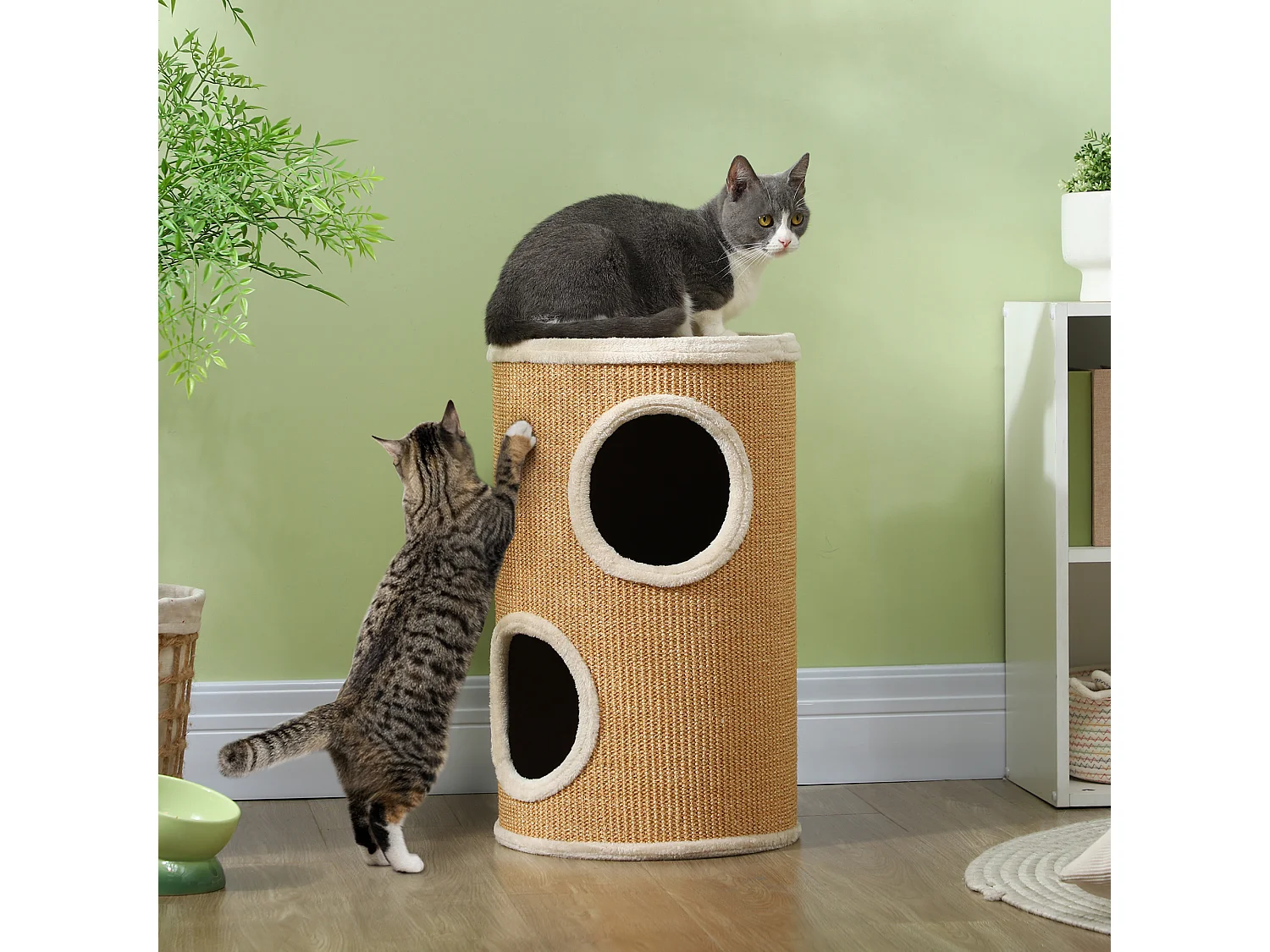 Arbre à chat cylindrique - tour à griffer pour chat - tonneau griffoir - 2 niches + plateforme - sisal peluche beige