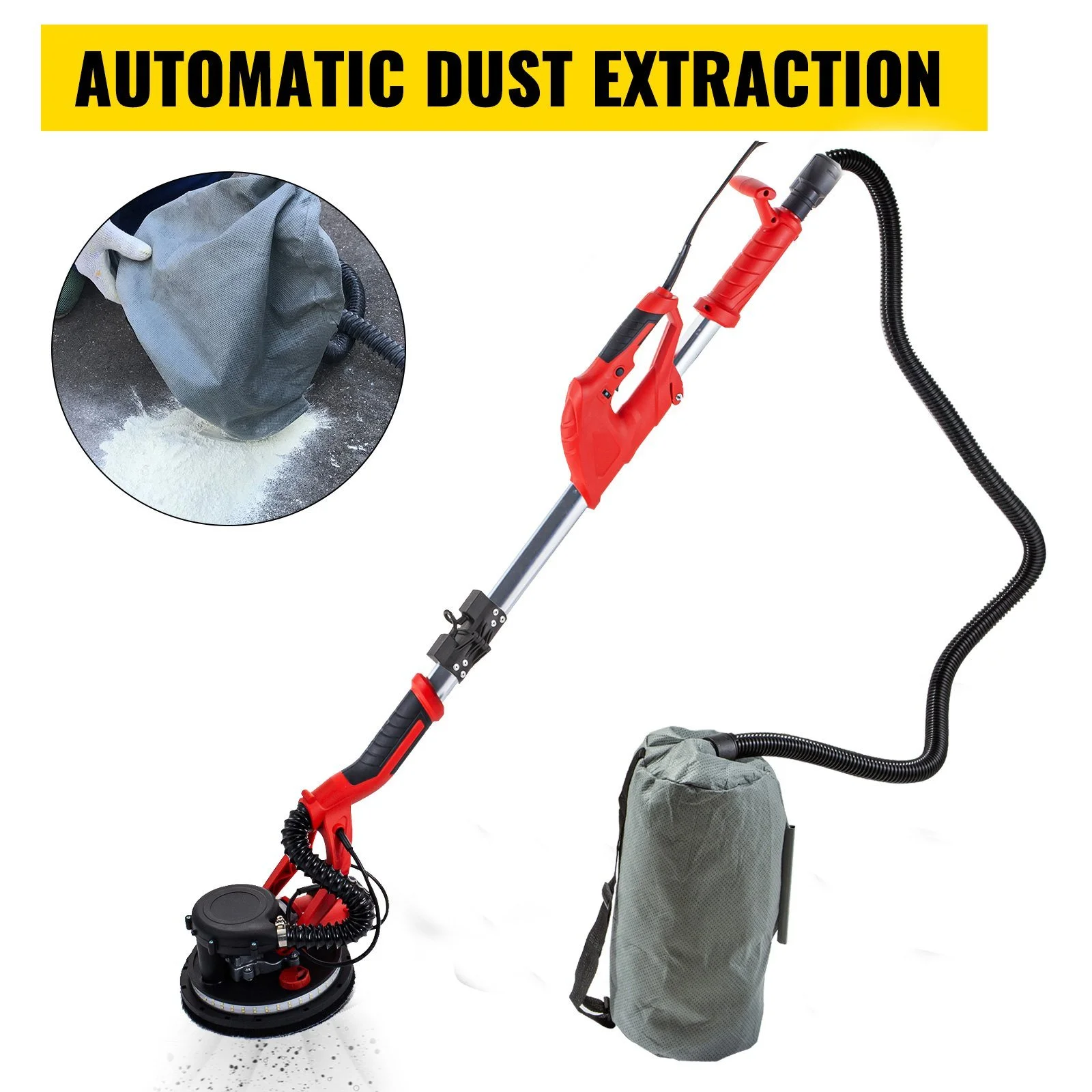 VEVOR Drywall Sander 850W, Electric Drywall Sander, Variable Speed 800-1750 RPM, Foldable Sheetrock Sander, with Telescope Handle, Electric Sander, with LED Strip Light and Vacuum Bag, Wall Sander - Image 6