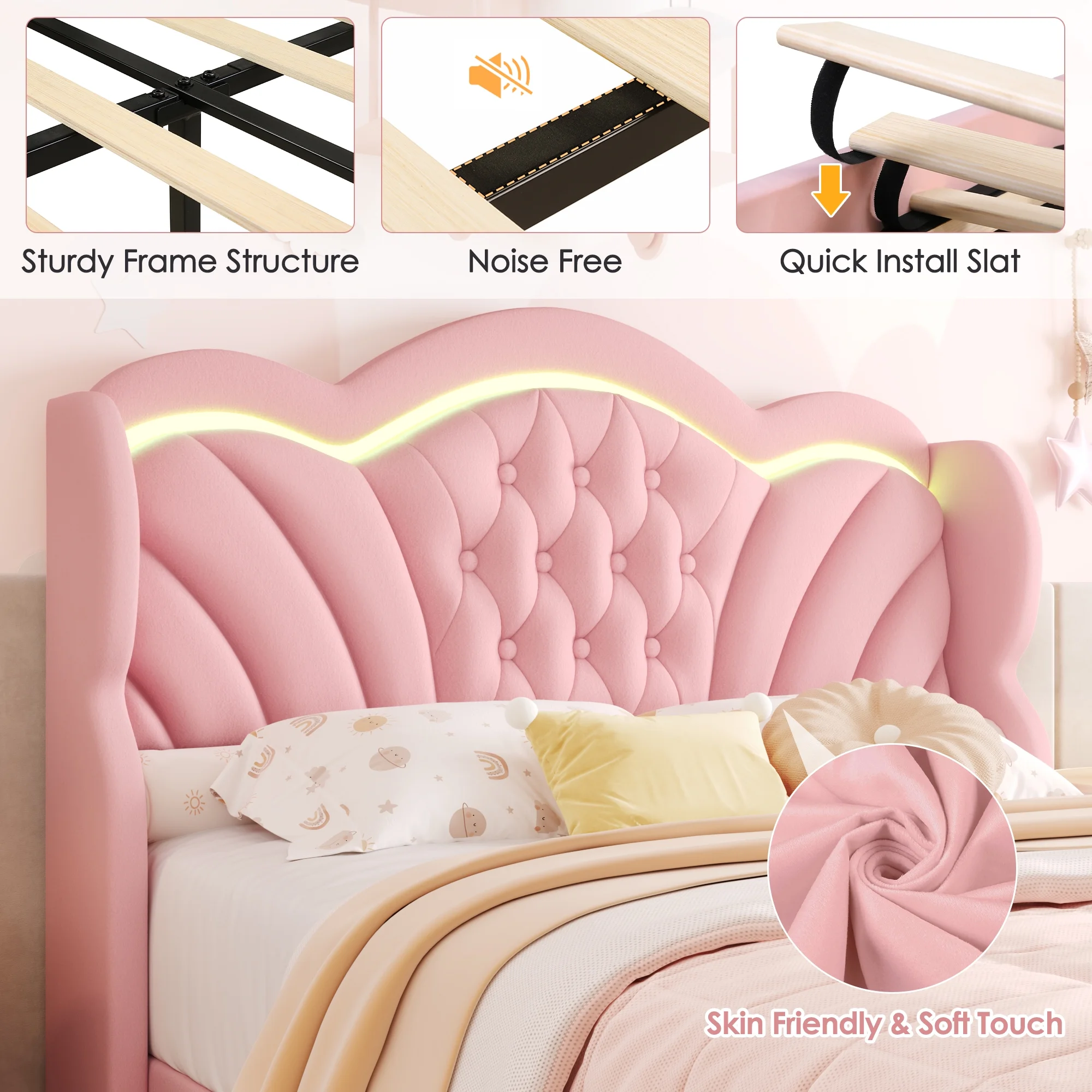 Hiphuta Modern Queen Bed Frame with 2 Drawers, LED Lights Platform Bed Frame, Sturdy Beds Frame with Upholstered Button Tufted Headboard, Velvet White - Image 18