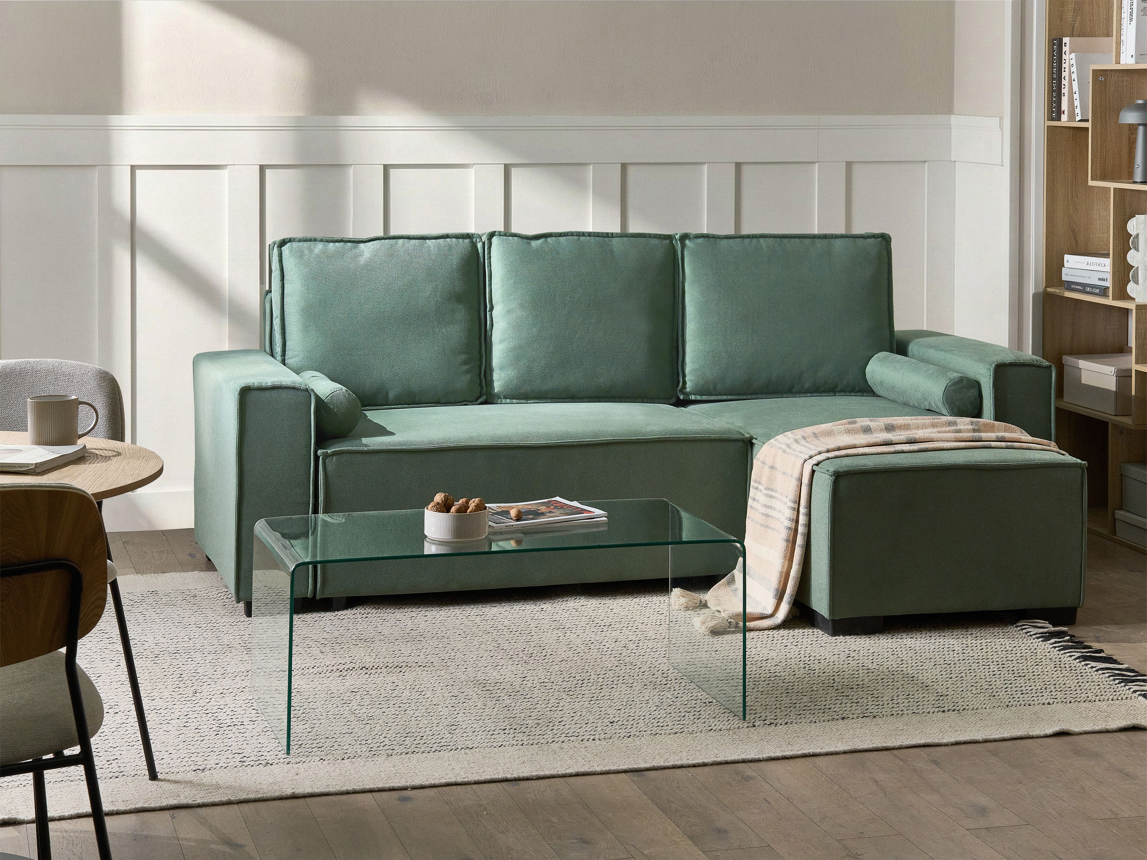 Corner Sofa Bed 3 Seater EDANE Fabric Light Green with Storage Left Hand