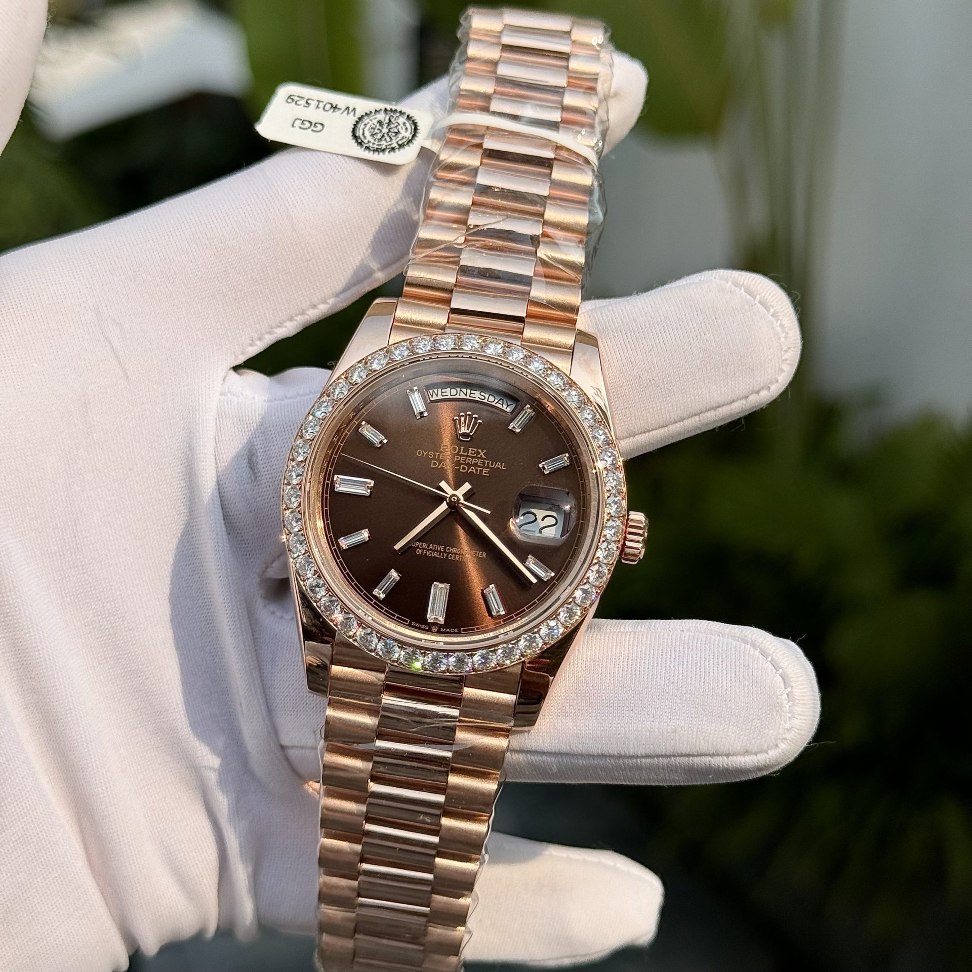 Rolex Replica Watch Day-Date Custom Gold Wrapped Moissanite Diamonds Dial Chocolate GM Factory 40mm - Top club