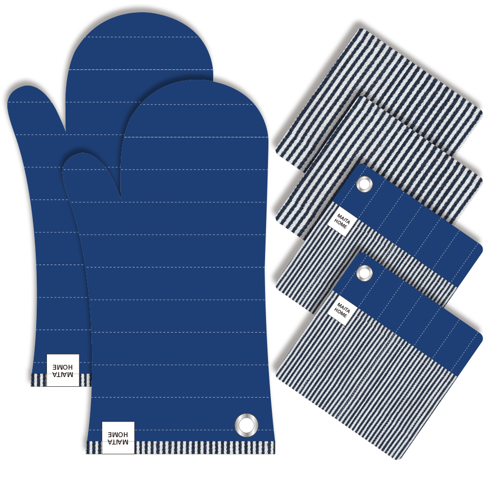 Blue Silicone Cotton Stripe Oven Mitt Pot Holder Set Kitchen Baking Cooking Heat Resistant Chef Oven Glove Set
