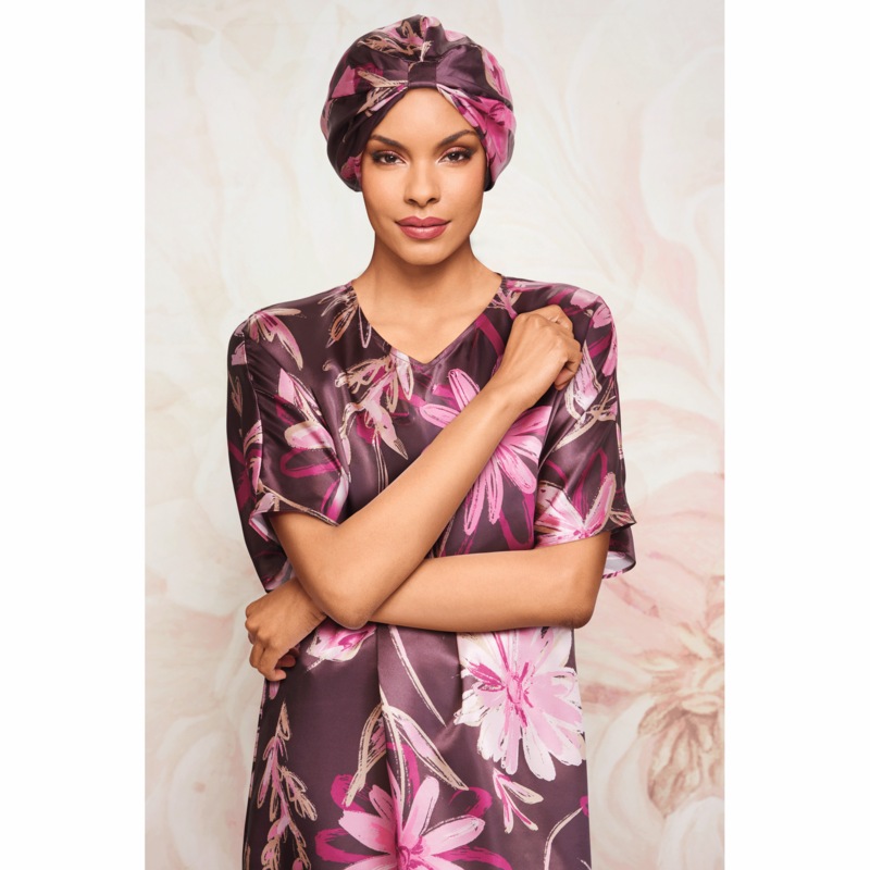 Lucilla 2-Piece Women’s Ruffled Satin Nightgown & Sleep Bonnet Set - MIDNIGHT VELVET CATALOG