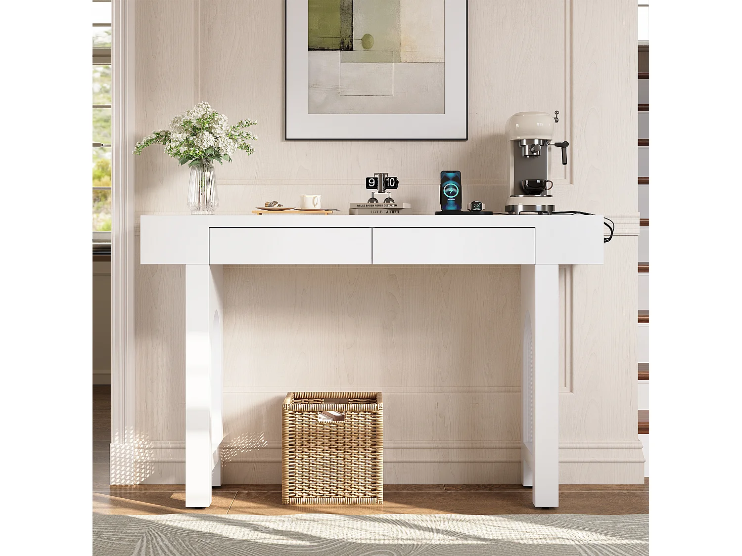 Table console d'entrée avec 2 tiroirs et ports USB/Type-C - Blanc