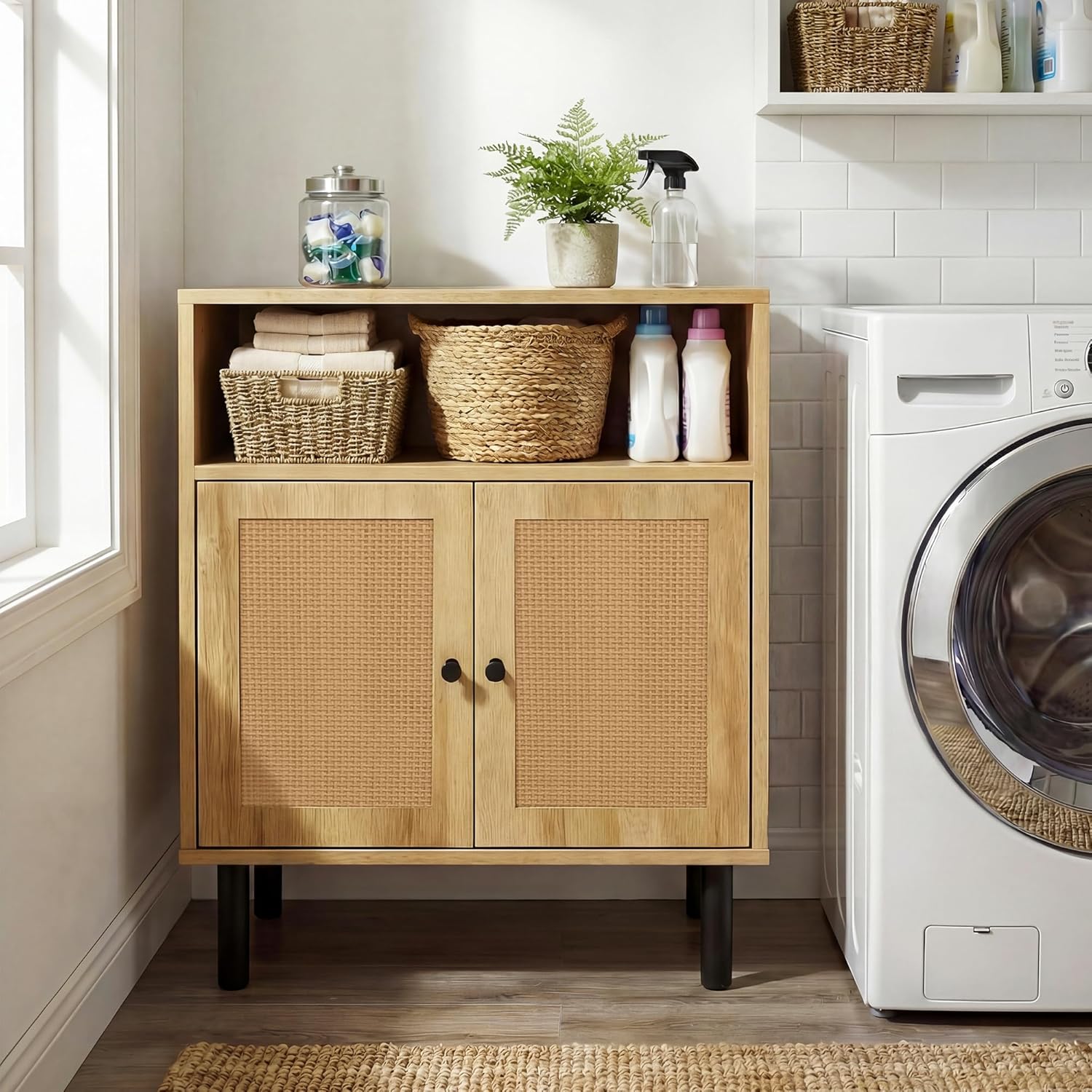 Narrow Storage Cabinet with Rattan Doors, 32