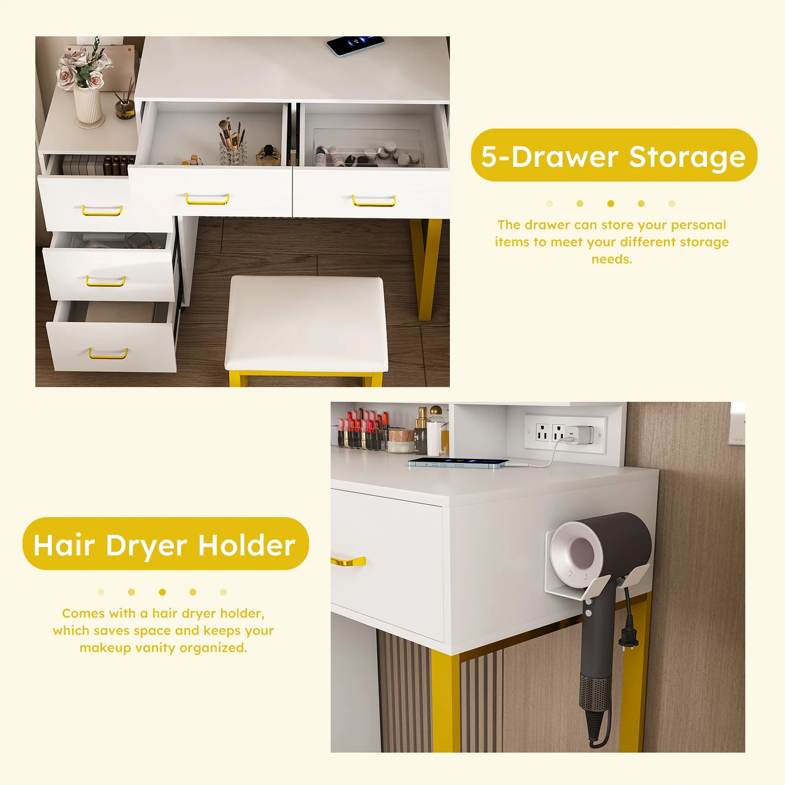 Montary Modern Mini Vanity w/Adjustable LED Mirror + Hidden Storage, Padded Stool & Dustproof Shelves (White) - Image 105