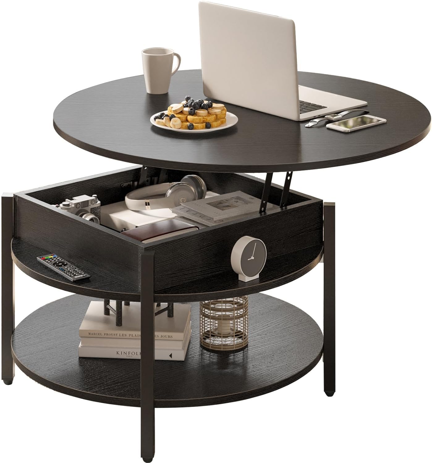 FABATO Round Lift Top Coffee Table with Storage and Hidden Compartment, 26.77'' Farmhouse Coffee Table for Living Room Reception Room, 2 Tier Small Round Coffee Table Circle Dining Table, Black