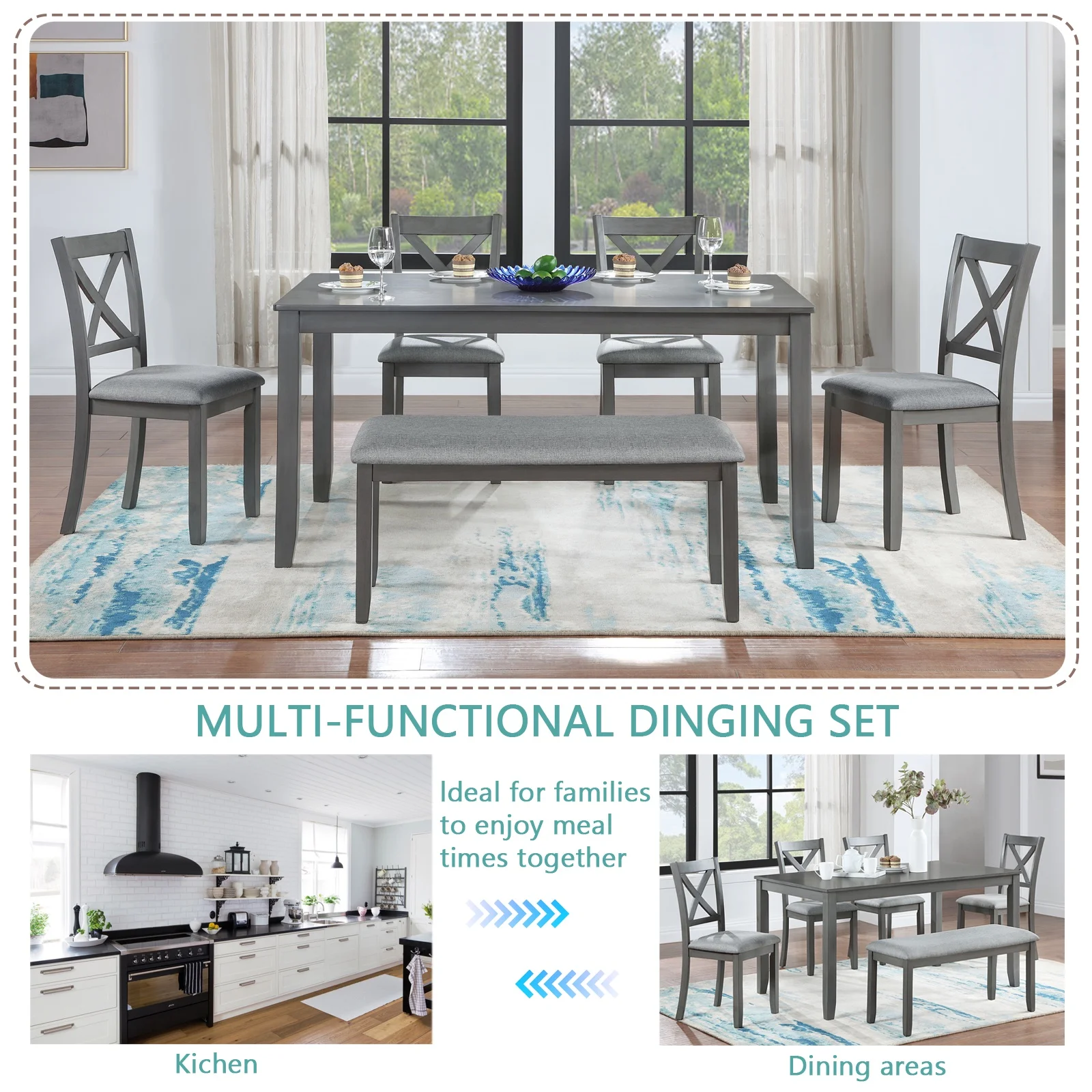 Dining Room Set, LEGAHOME 6 Piece Dining Sets with Bench and Chairs, Solid Wood Kitchen Dining Table Set for 6 with Upholstered Chairs, Gray - Image 35