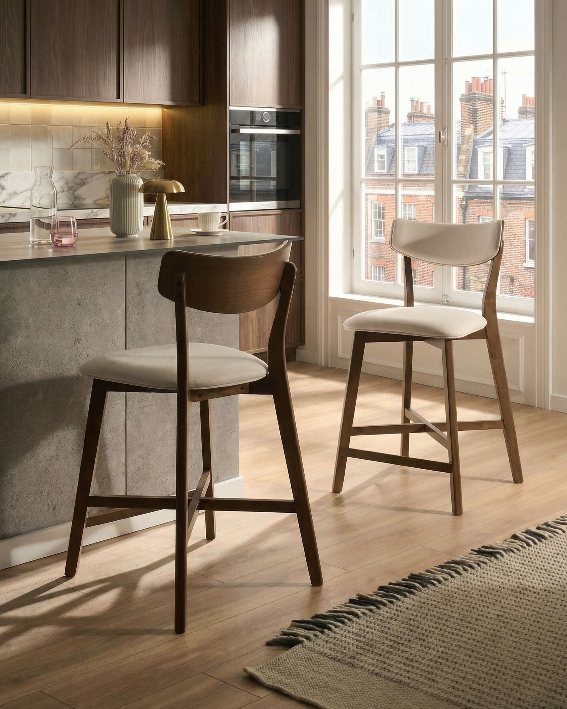 Set of 2 Bar Chairs YUMA Wood Off-White/ Brown