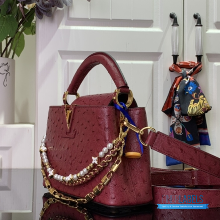 Burgundy Ostrich Leather Mini Handbag with Pearl Chain1:1High-quality replica