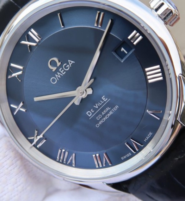 Replica Omega V6 De Ville 41mm SS Blue Dial Black Leather Strap A8500 - Top club