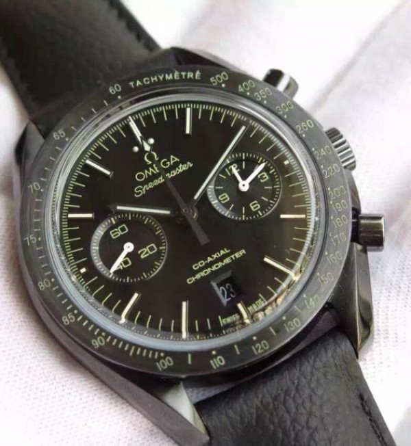 Replica Omega Speedmaster Moonwatch Co-Axial Chronograph Pitch Black Leather A9300 - Elite Watch Atelier