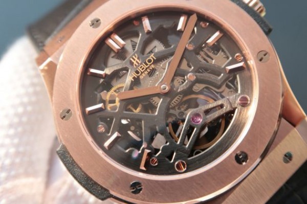 Replica Hublot Classic Fusion Tourbillon RG 45mm TF Skeleton Dial Black Gummy Strap A23J - Elite Watch Atelier