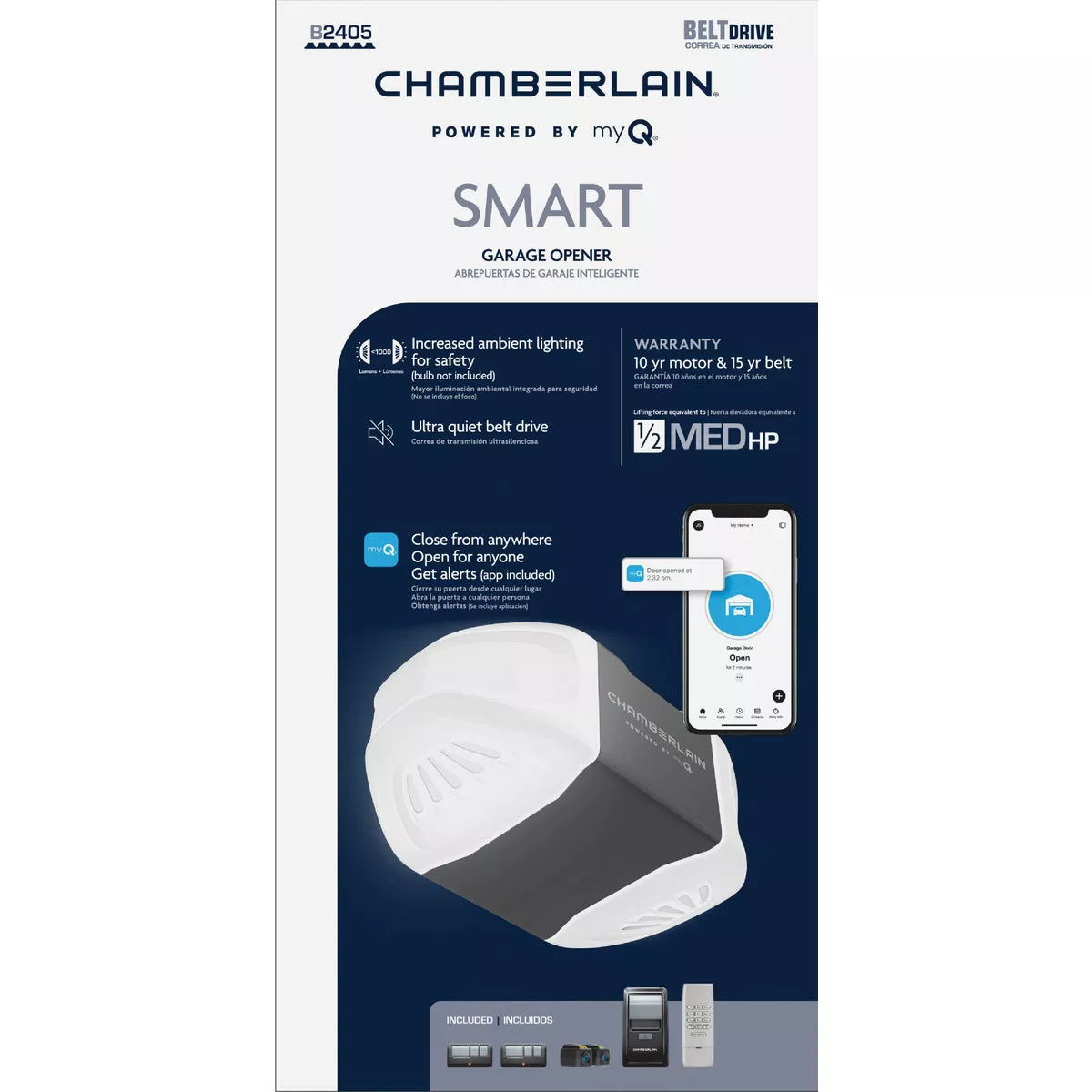 Chamberlain B2405 1/2 HP Smartphone-Controlled Ultra Quiet & Strong Belt Drive Garage Door Opener with MED Lifting Power