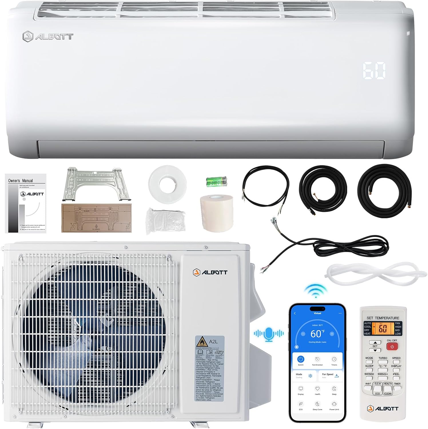 Albott 9100 BTU Mini Split Air Conditioner and Heater, SEER2 20.5, 115V, Inverter Heat Pump AC with Wi-Fi Smart Control, Voice Assistant, Self-Cleaning, Compatible with Alexa, Cools up to 450 Sq. Ft.