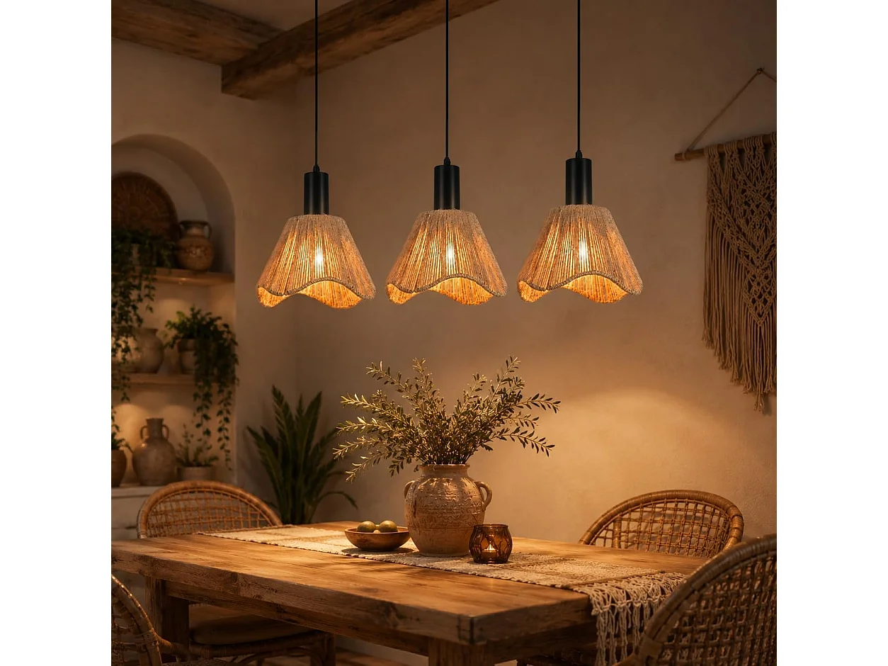 ZMH Suspension 3 Lumières Rotin Boho - Tressé Vintage Papier E27 - Pour Salle à Manger/Chambre (Sans Ampoule)