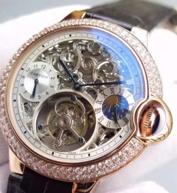 Replica Cartier Ballon Bleu Skeleton Tourbillon Diamond Bezel RG White Dial - Top club