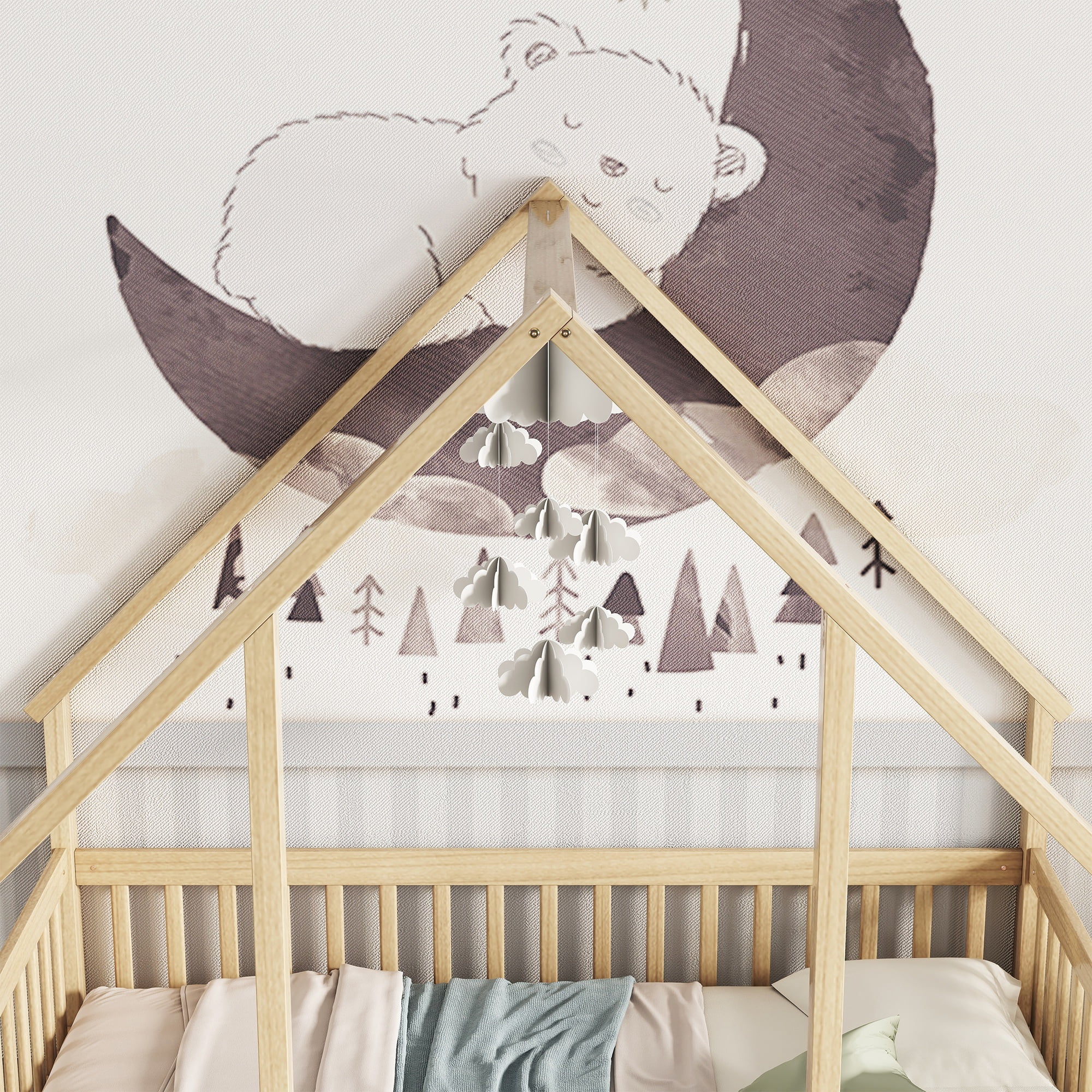 Bellemave Twin Size Floor Bed Frame, Wooden House Bed Twin Size with Fence, Montessori Bed with Guardrails for Bedroom (White) - Image 51